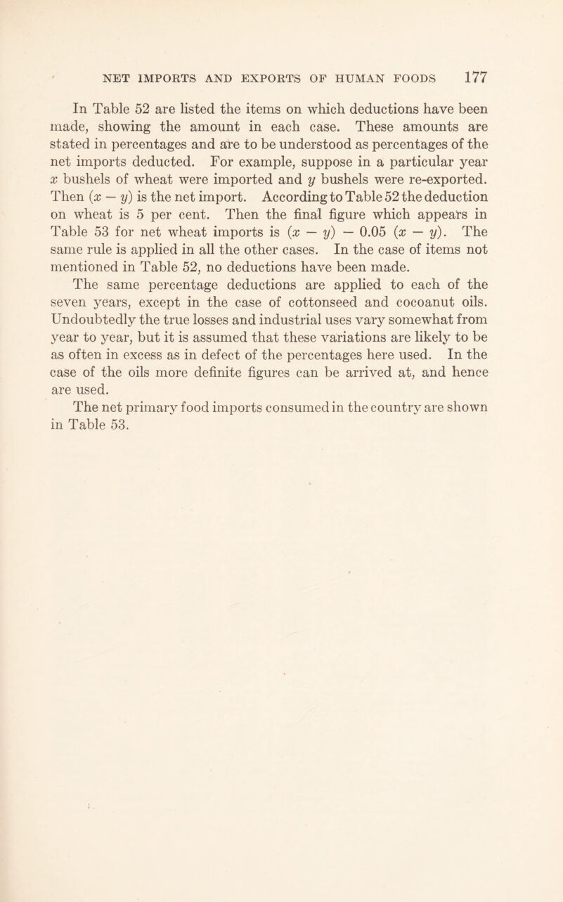 In Table 52 are listed the items on which deductions have been made, showing the amount in each case. These amounts are stated in percentages and are to be understood as percentages of the net imports deducted. For example, suppose in a particular year X bushels of wheat were imported and y bushels were re-exported. Then {x — y) is the net import. According to Table 52 the deduction on wheat is 5 per cent. Then the final figure which appeals in Table 53 for net wheat imports is {x — y) — 0.05 (x — y). The same rule is applied in all the other cases. In the case of items not mentioned in Table 52, no deductions have been made. The same percentage deductions are applied to each of the seven years, except in the case of cottonseed and cocoanut oils. Undoubtedly the true losses and industrial uses vary somewhat from year to year, but it is assumed that these variations are likely to be as often in excess as in defect of the percentages here used. In the case of the oils more definite figures can be arrived at, and hence are used. The net primary food imports consumed in the country are shown in Table 53.