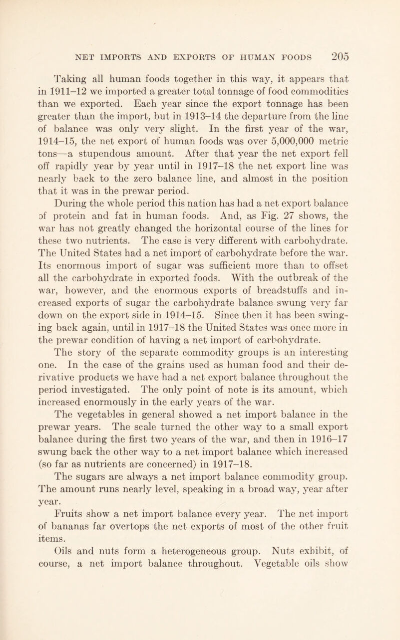 Taking all human foods together in this way, it appears that in 1911-12 we imported a greater total tonnage of food commodities than we exported. Each year since the export tonnage has been greater than the import, but in 1913-14 the departure from the line of balance was only very slight. In the first year of the war, 1914-15, the net export of human foods was over 5,000,000 metric tons—a stupendous amount. After that year the net export fell off rapidly year by year until in 1917-18 the net export line was nearly back to the zero balance line, and almost in the position that it was in the prewar period. During the whole period this nation has had a net export balance of protein and fat in human foods. And, as Fig. 27 shows, the war has not greatly changed the horizontal course of the lines for these two nutrients. The case is very different with carbohydrate. The United States had a net import of carbohydrate before the war. Its enormous import of sugar was sufficient more than to offset all the carbohydrate in exported foods. With the outbreak of the war, however, and the enormous exports of breadstuffs and in¬ creased exports of sugar the carbohydrate balance swung very far down on the export side in 1914-15. Since then it has been swing¬ ing back again, until in 1917-18 the United States was once more in the prewar condition of having a net import of carbohydrate. The story of the separate commodity groups is an interesting one. In the case of the grains used as human food and their de¬ rivative products we have had a net export balance throughout the period investigated. The only point of note is its amount, which increased enormously in the early years of the war. The vegetables in general showed a net import balance in the prewar years. The scale turned the other way to a small export balance during the first two years of the war, and then in 1916-17 swung back the other way to a net import balance which increased (so far as nutrients are concerned) in 1917-18. The sugars are always a net import balance commodity group. The amount runs nearly level, speaking in a broad way, year after year. Fruits show a net import balance every year. The net import of bananas far overtops the net exports of most of the other fruit items. Oils and nuts form a heterogeneous group. Nuts exhibit, of course, a net import balance throughout. Vegetable oils show