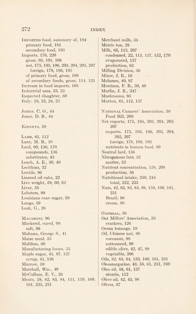Imported food, summary of, 194 primary food, 185 secondary food, 193 Imports, 176, 220 gross, 95, 101, 108 net, 175, 193, 196, 203, 204, 205, 207 foreign, 178, 186, 195 of primary food, gross, 109 of secondary foods, gross, 114, 121 Increase in food imports, 108 Industrial uses, 33, 35 Inspected slaughter, 60 Italy, 19, 23, 24, 25 Johns, C. O., 44 Jones, D. B., 44 Kidneys, 59 Lamb, 61, 112 Lane, M. B., 10 Lard, 60, 136, 170 compounds, 136 substitutes, 43 Leach, A. E,, 30, 40 Lecithins, 32 Lentils, 96 Linseed oil cake, 22 Live weight, 59, 60, 62 Liver, 58 Lobsters, 99 Louisiana cane sugar, 39 Lungs, 59 Lusk, G., 26 Macaroni, 96 Mackerel, cured, 99 salt, 99 Mahana, George S., 41 Maize meal, 33 Malthus, 80 Manufacturing losses, 33 Maple sugar, 41, 97, 127 syrup, 41, 126 Marrow, 59 Marshall, Wm., 40 McCollum, E. V., 26 Meats, 58, 82, 83, 84, 111, 159, 160, 161, 225, 231 Merchant mills, 34 Metric ton, 29 Milk, 63, 113, 207 condensed, 22, 113, 137, 152, 170 evaporated, 137 production, 63 Milling Division, 36 Miner, J, R., 10 Molasses, 40, 97 Morrison, F. B., 30, 40 Murlin, J. R., 247 Mushrooms, 95 Mutton, 61, 112, 137 National Canners’ Association, 39 Food Bill, 209 Net exports, 175, 198, 203, 204, 205, 207 imports, 175, 193, 196, 203, 204, 205, 207 foreign, 178, 186, 195 nutrients in human food, 80 Neutral lard, 136 Nitrogenous fats, 32 matter, 32 Nutrient concentration, 158, 208 production, 56 Nutritional intake, 230, 244 total, 222, 223 Nuts, 42, 82, 83, 84, 98, 159, 160, 161, 231 Brazil, 98 cream, 98 Oatmeal, 36 Oat Millers’ Association, 36 crackers, 126 Ocean tonnage, 19 Oil, Chinese nut, 98 cocoanut, 98 cottonseed, 98 edible olive, 42, 45, 98 vegetable, 206 Oils, 82, 83, 84, 159, 160, 161, 231 Oleomargarine, 43, 58, 61, 231, 240 Oleo oil, 58, 61, 137 stearin, 112 Olive oil, 42, 45, 98 Olives, 97