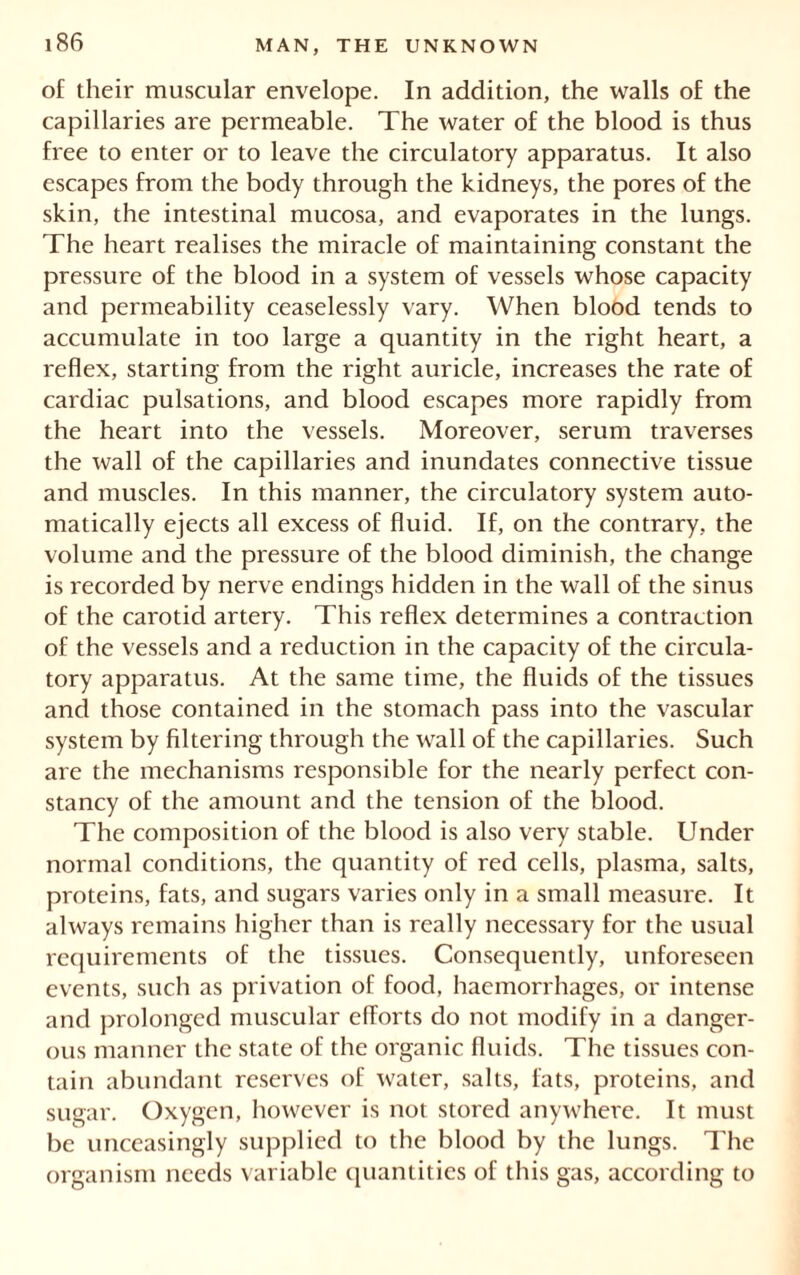 of their muscular envelope. In addition, the walls of the capillaries are permeable. The water of the blood is thus free to enter or to leave the circulatory apparatus. It also escapes from the body through the kidneys, the pores of the skin, the intestinal mucosa, and evaporates in the lungs. The heart realises the miracle of maintaining constant the pressure of the blood in a system of vessels whose capacity and permeability ceaselessly vary. When blood tends to accumulate in too large a quantity in the right heart, a reflex, starting from the right auricle, increases the rate of cardiac pulsations, and blood escapes more rapidly from the heart into the vessels. Moreover, serum traverses the wall of the capillaries and inundates connective tissue and muscles. In this manner, the circulatory system auto- matically ejects all excess of fluid. If, on the contrary, the volume and the pressure of the blood diminish, the change is recorded by nerve endings hidden in the wall of the sinus of the carotid artery. This reflex determines a contraction of the vessels and a reduction in the capacity of the circula- tory apparatus. At the same time, the fluids of the tissues and those contained in the stomach pass into the vascular system by filtering through the wall of the capillaries. Such are the mechanisms responsible for the nearly perfect con- stancy of the amount and the tension of the blood. The composition of the blood is also very stable. Under normal conditions, the quantity of red cells, plasma, salts, proteins, fats, and sugars varies only in a small measure. It always remains higher than is really necessary for the usual requirements of the tissues. Consequently, unforeseen events, such as privation of food, haemorrhages, or intense and prolonged muscular efforts do not modify in a danger- ous manner the state of the organic fluids. The tissues con- tain abundant reserves of water, salts, fats, proteins, and sugar. Oxygen, however is not stored anywhere. It must be unceasingly supplied to the blood by the lungs. The organism needs variable quantities of this gas, according to