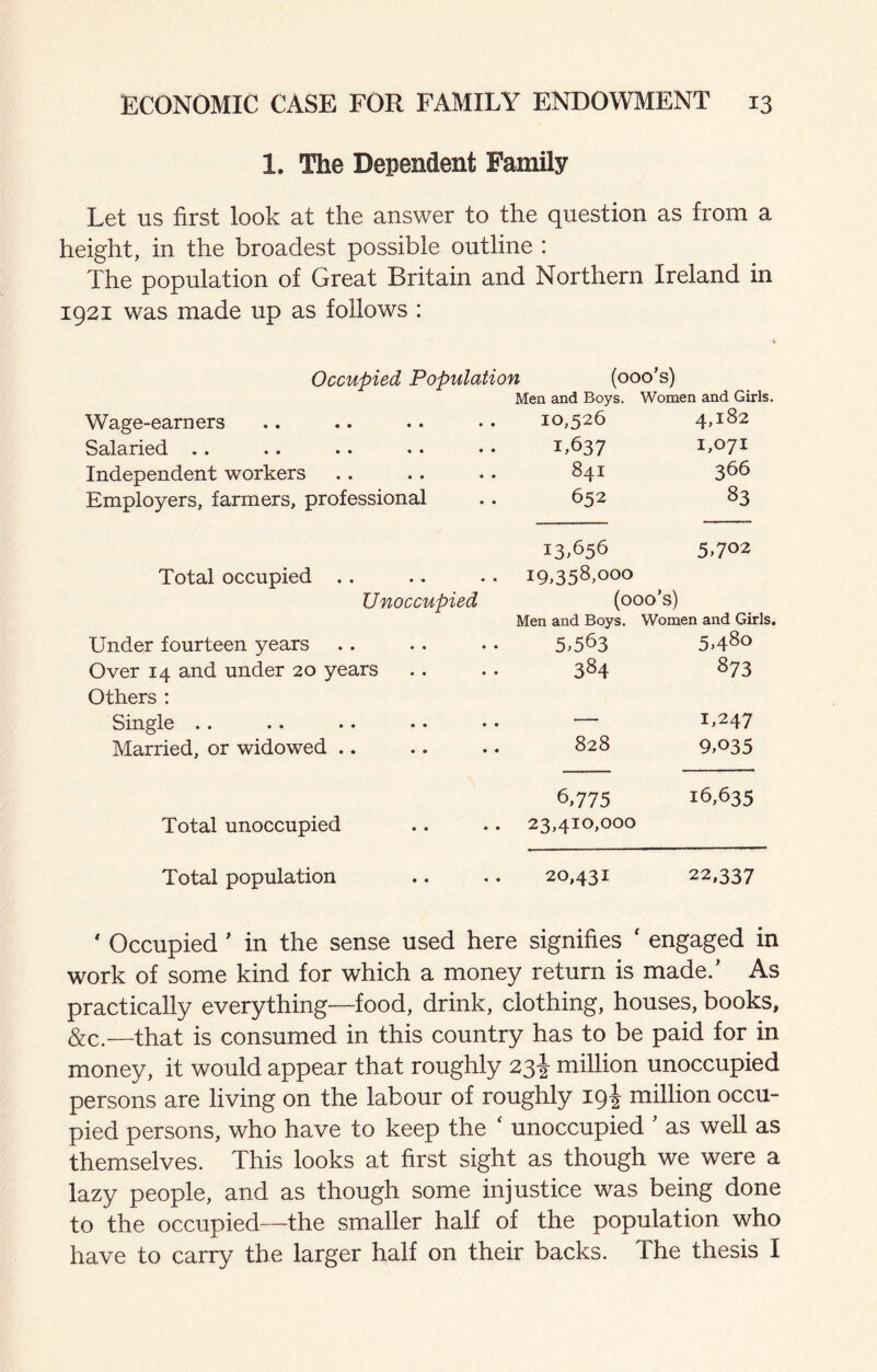 1. The Dependent Family Let us first look at the answer to the question as from a height, in the broadest possible outline : The population of Great Britain and Northern Ireland in 1921 was made up as follows : Occupied Population (ooo’s) Men and Boys. Women and Girls. Wage-earners 10,526 4,182 S3/l9.ri0(i •• •• •• •• 1,637 1,071 Independent workers 841 366 Employers, farmers, professional 652 83 13,656 5,702 Total occupied .. 19,358,000 Unoccupied (ooo’s) Men and Boys. Women and Girls, Under fourteen years 5,563 5,480 Over 14 and under 20 years Others ; 384 873 Single .. 828 1,247 Married, or widowed .. 9,035 6,775 16,635 Total unoccupied 23,410,000 Total population 20,431 22,337 * Occupied ’ in the sense used here signifies ‘ engaged in work of some kind for which a money return is made/ As practically everything—food, drink, clothing, houses, books, &c.—that is consumed in this country has to be paid for in money, it would appear that roughly 231 million unoccupied persons are living on the labour of roughly 19 J million occu¬ pied persons, who have to keep the ‘ unoccupied ' as well as themselves. This looks at first sight as though we were a lazy people, and as though some injustice was being done to the occupied—the smaller half of the population who have to carry the larger half on their backs. The thesis I