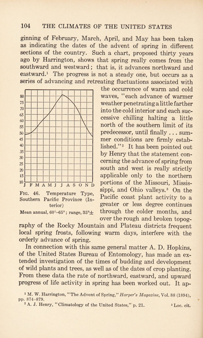 ginning of February, March, April, and May has been taken as indicating the dates of the advent of spring in different sections of the country. Such a chart, proposed thirty years ago by Harrington, shows that spring really comes from the southward and westward; that is, it advances northward and eastward.^ The progress is not a steady one, but occurs as a series of advancing and retreating fluctuations associated with the occurrence of warm and cold waves, ''each advance of warmer weather penetrating a little farther into the cold interior and each suc¬ cessive chilling halting a little north of the southern limit of its predecessor, until finally ... sum¬ mer conditions are firmly estab¬ lished.It has been pointed out by Henry that the statement con¬ cerning the advance of spring from south and west is really strictly applicable only to the northern portions of the Missouri, Missis¬ sippi, and Ohio valleys.^ On the Pacific coast plant activity to a greater or less degree continues through the colder months, and over the rough and broken topog¬ raphy of the Rocky Mountain and Plateau districts frequent local spring frosts, following warm days, interfere with the orderly advance of spring. In connection with this same general matter A. D. Hopkins, of the United States Bureau of Entomology, has made an ex¬ tended investigation of the times of budding and development of wild plants and trees, as well as of the dates of crop planting. From these data the rate of northward, eastward, and upward progress of life activity in spring has been worked out. It ap- 1 M. W. Harrington, The Advent of Spring,” Harper’s Magazine, Vol. 88 (1894), pp. 874-879. 2 A. J. Henry, Climatology of the United States,” p. 21. Fig. 46. Temperature Type, Southern Pacific Province (In¬ terior) Mean annual, 60°-65®; range, 35°± ® Loc. cit.