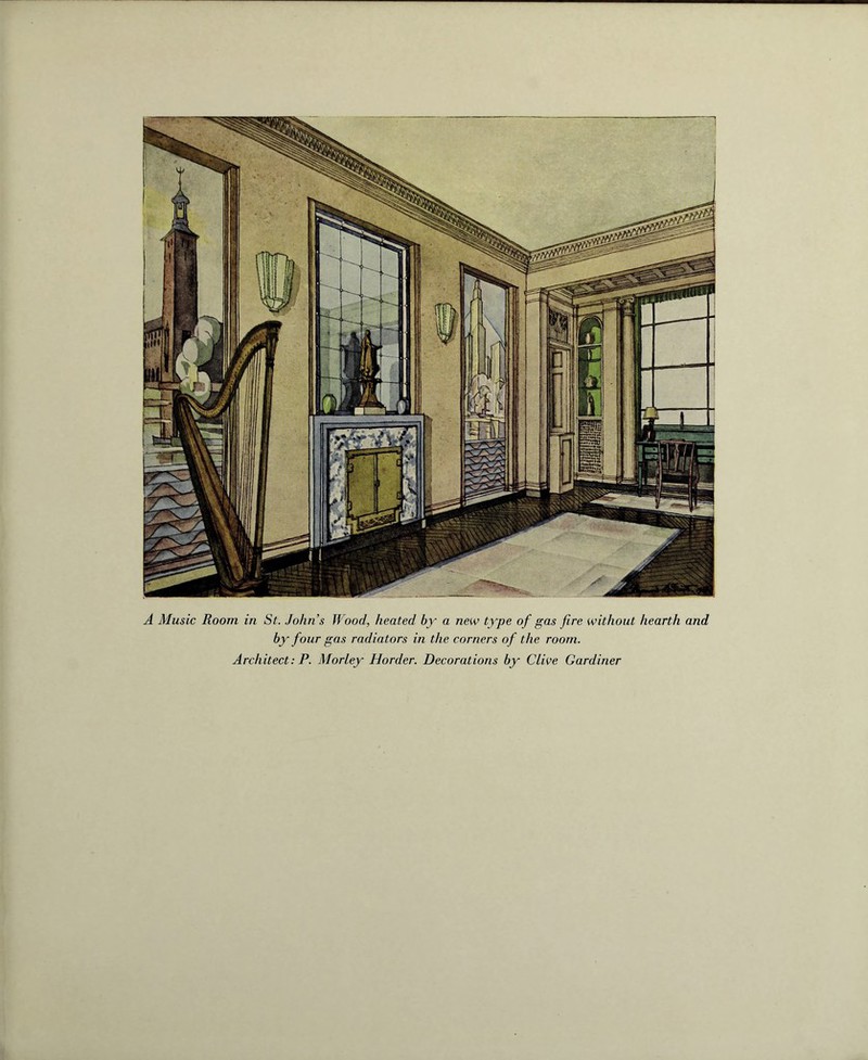 A Music Room in St. Johns Wood, heated by a new type of gas fire without hearth and by four gas radiators in the corners of the room. Architect: P. Morley Horder. Decorations by Clive Gardiner