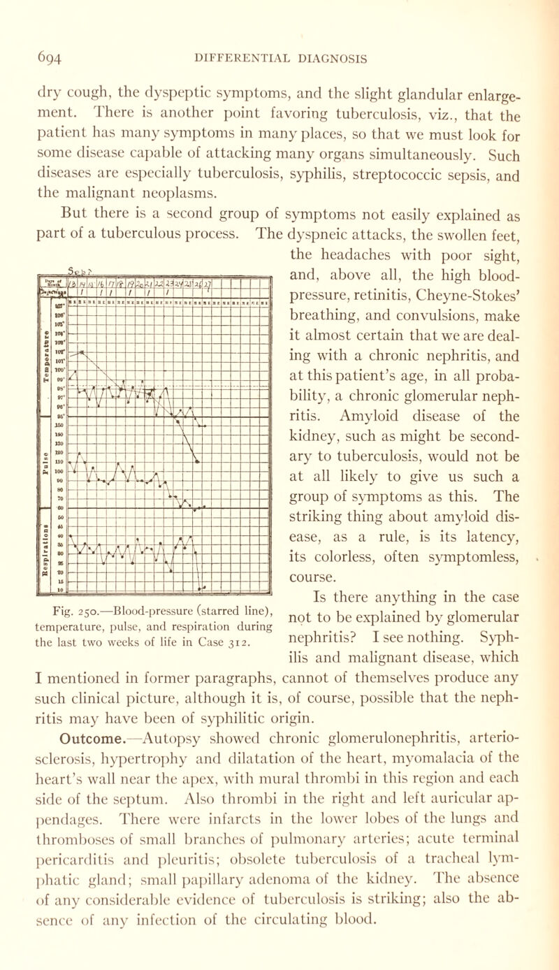 dry cough, the dyspeptic symptoms, and the slight glandular enlarge¬ ment. There is another point favoring tuberculosis, viz., that the patient has many symptoms in many places, so that we must look for some disease capable of attacking many organs simultaneously. Such diseases are especially tuberculosis, syphilis, streptococcic sepsis, and the malignant neoplasms. But there is a second group of symptoms not easily explained as part of a tuberculous process. The dyspneic attacks, the swollen feet, the headaches with poor sight, and, above all, the high blood- pressure, retinitis, Cheyne-Stokes’ breathing, and convulsions, make it almost certain that we are deal¬ ing with a chronic nephritis, and at this patient’s age, in all proba¬ bility, a chronic glomerular neph¬ ritis. Amyloid disease of the kidney, such as might be second¬ ary to tuberculosis, would not be at all likely to give us such a group of symptoms as this. The striking thing about amyloid dis¬ ease, as a rule, is its latency, its colorless, often symptomless, course. Is there anything in the case Fig. 2So.-BIood-pressure (starred line), not to be explained by glomerular temperature, pulse, and respiration during . . the last two weeks of life in Case 312. nephritis? I see nothing. Syph- ilis and malignant disease, which I mentioned in former paragraphs, cannot of themselves produce any such clinical picture, although it is, of course, possible that the neph¬ ritis may have been of syphilitic origin. Outcome.—Autopsy showed chronic glomerulonephritis, arterio¬ sclerosis, hypertrophy and dilatation of the heart, myomalacia of the heart’s wall near the apex, with mural thrombi in this region and each side of the septum. Also thrombi in the right and left auricular ap¬ pendages. There were infarcts in the lower lobes of the lungs and thromboses of small branches of pulmonary arteries; acute terminal pericarditis and pleuritis; obsolete tuberculosis of a tracheal lym¬ phatic gland; small papillary adenoma of the kidney. The absence of any considerable evidence of tuberculosis is striking; also the ab¬ sence of any infection of the circulating blood. IPDjjrjrf /fc l£_ / yA aj-j (Ji/| IVSp 1 / / / 1} rr c u s a •a l a 1 © , H 1 © 1 © | 3 , a 0 a u £ © pa icr ■ 1 IE a l dP «> HI ESI sis r a l HEM HE 7T n». n | at n e BE _ 1(75* W»* 10V* ior tor 100' 00; 08° 07° 00° 06° 160 1*0 130 t£0 UO 100 00 80 70 00 60 *b «0 36 80 a so u » y, k \ ft Si' A • \ tl s / A V \: . \ s K I t . V “T » \ T [ V u * r \ 'f JX A f * , V • \ v - u = = > - —