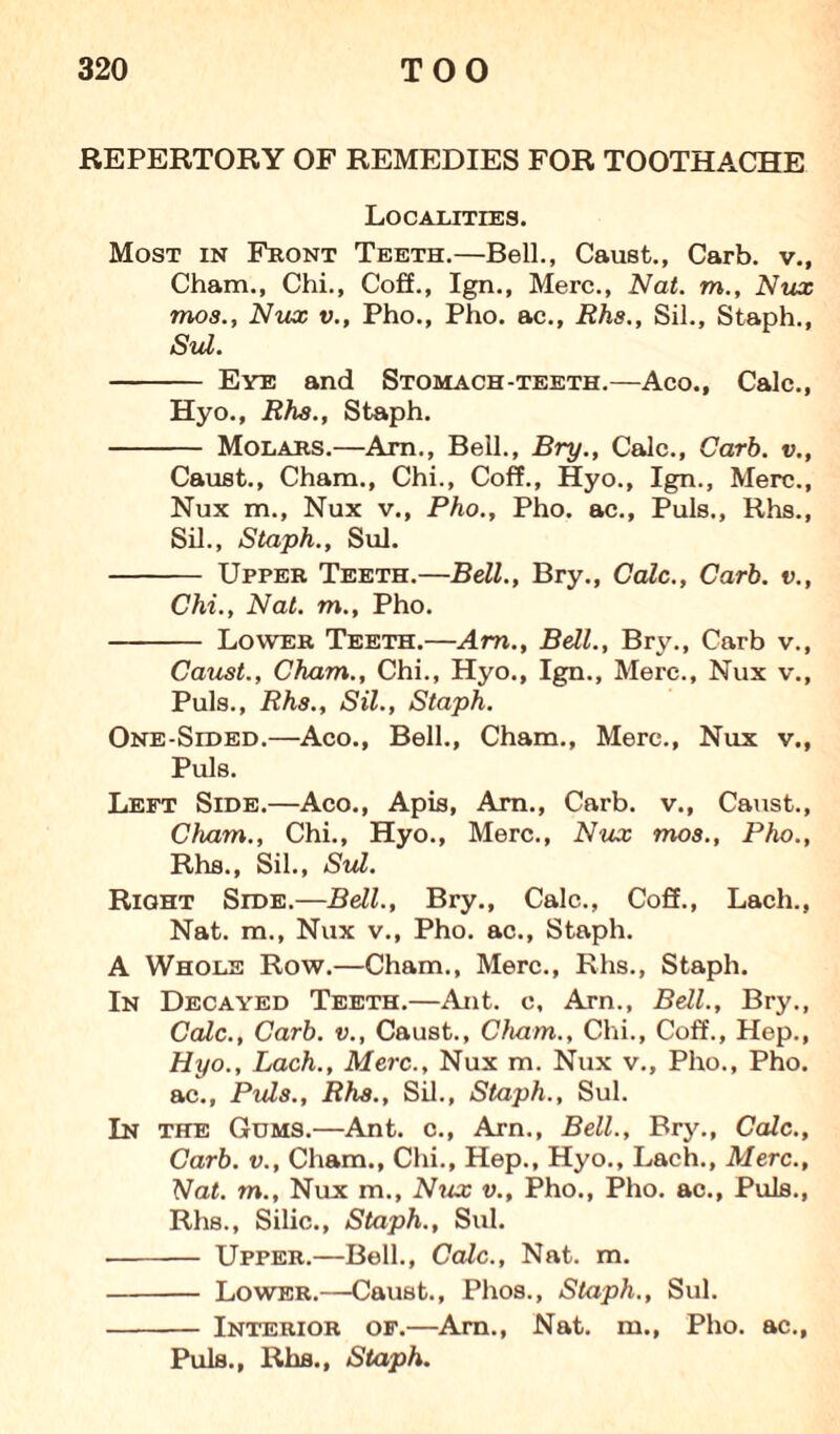 REPERTORY OF REMEDIES FOR TOOTHACHE Localities. Most in Front Teeth.—Bell., Caust., Carb. v., Cham., Chi., Coff., Ign., Merc., Nat. m., Nux mos., Nux v., Pho., Pho. ac., Rhs., Sil., Staph., Sul. - Eye and Stomach-teeth.—Aco., Calc., Hyo., Rhs., Staph. - Molars.—Arn., Bell., Bry., Calc., Carb. v., Caust., Cham., Chi., Coff., Hyo., Ign., Merc., Nux m., Nux v., Pho., Pho. ac., Puls., Rhs., Sil., Staph., Sul. - Upper Teeth.—Bell., Bry., Calc., Carb. v., Chi., Nat. m., Pho. - Lower Teeth.—Am., Bell., Bry., Carb v., Caust., Cham., Chi., Hyo., Ign., Merc., Nux v., Puls., Rhs., Sil., Staph. One-Sided.—Aco., Bell., Cham., Merc., Nux v., Puls. Left Side.—Aco., Apis, Am., Carb. v., Caust., Cham., Chi., Hyo., Merc., Nux mos., Pho., Rhs., Sil., Sul. Right Side.—Bell., Bry., Calc., Coff., Lach., Nat. m., Nux v., Pho. ac., Staph. A Whole Row.—Cham., Merc., Rhs., Staph. In Decayed Teeth.—Ant. c, Arn., Bell., Bry., Calc., Carb. v., Caust., Cham., Chi., Coff., Hep., Hyo., Lach., Merc., Nux m. Nux v., Pho., Pho. ac., Puls., Rhs., Sil., Staph., Sul. In the Gums.—Ant. c., Arn., Bell., Bry., Calc., Carb. v., Cham., Chi., Hep., Hyo., Lach., Merc., Nat. m., Nux m., Nux v., Pho., Pho. ac., Puls., Rhs., Silic., Staph., Sul. -- Upper.—Bell., Calc., Nat. m. - Lower.—Caust., Phos., Staph., Sul. - Interior of.—Arn., Nat. m., Pho. ac., Puls., Rhs., Staph.