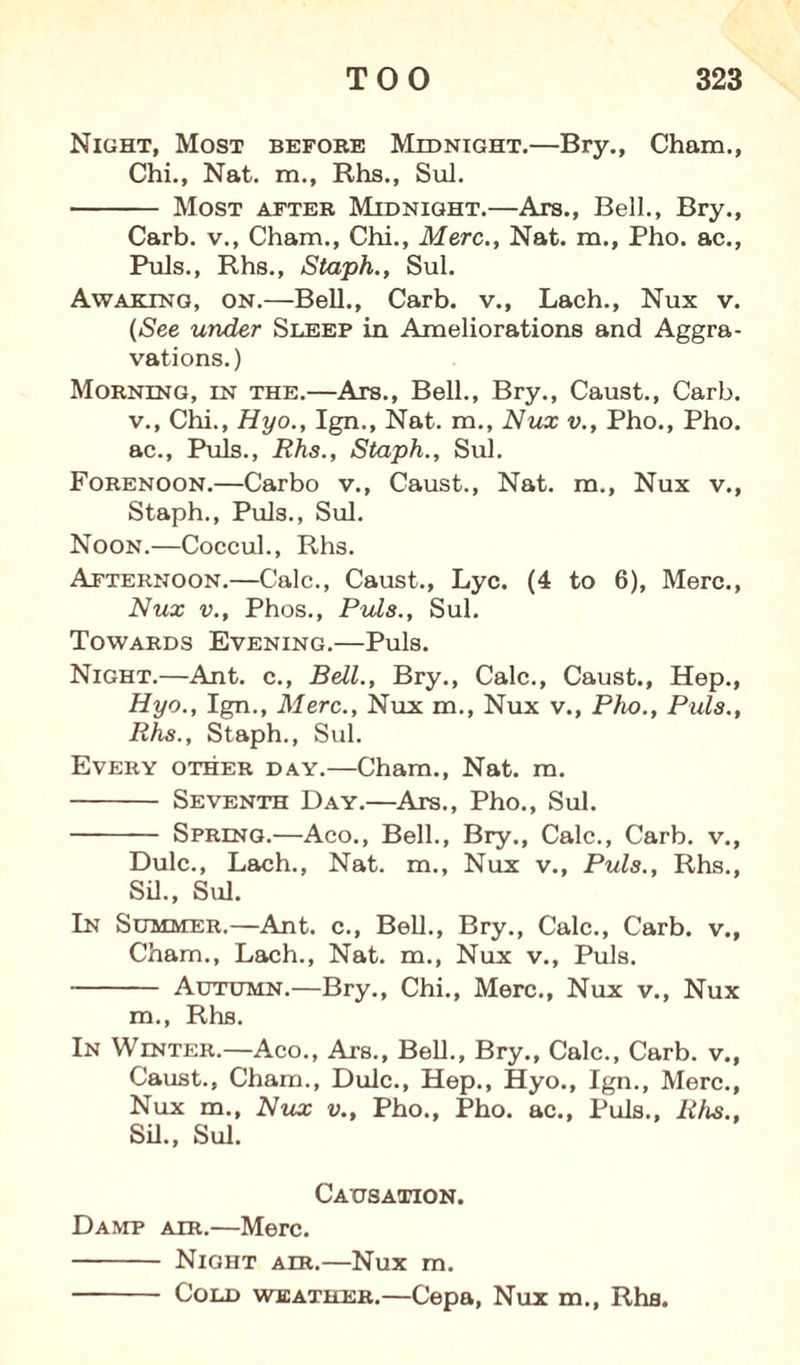 Night, Most before Midnight.—Bry., Cham., Chi., Nat. m., Rhs., Sul. - Most after Midnight.—Ars., Bell., Bry., Carb. v., Cham., Chi., Merc., Nat. m., Pho. ac., Puls., Rhs., Staph., Sul. Awaking, on.—Bell., Carb. v., Lach., Nux v. (See under Sleep in Ameliorations and Aggra¬ vations.) Morning, in the.—Ars., Bell., Bry., Caust., Carb. v., Chi., Hyo., Ign., Nat. m., Nux v., Pho., Pho. ac., Puls., Rhs., Staph., Sul. Forenoon.—Carbo v., Caust., Nat. m., Nux v., Staph., Puls., Sul. Noon.—Coccul., Rhs. Afternoon.—Calc., Caust., Lyc. (4 to 6), Merc., Nux v., Phos., Puls., Sul. Towards Evening.—Puls. Night.—Ant. c., Bell., Bry., Calc., Caust., Hep., Hyo., Ign., Merc., Nux m., Nux v., Pho., Puls., Rhs., Staph., Sul. Every other day.—Cham., Nat. m. - Seventh Day.—Ars., Pho., Sul. - Spring.—Aco., Bell., Bry., Calc., Carb. v., Dulc., Lach., Nat. m., Nux v., Puls., Rhs., Sil., Sul. In Summer.—Ant. c., Bell., Bry., Calc., Carb. v., Cham., Lach., Nat. m., Nux v., Puls. - Autumn.—Bry., Chi., Merc., Nux v., Nux m., Rhs. In Winter.—Aco., Ars., Bell., Bry., Calc., Carb. vM Caust., Cham., Dulc., Hep., Hyo., Ign., Merc., Nux m., Nux v., Pho., Pho. ac., Puls., Rhs., Sil., Sul. Causation. Damp air.—Merc. - Night aer.—Nux m. - Cold weather.—Cepa, Nux m., Rha.