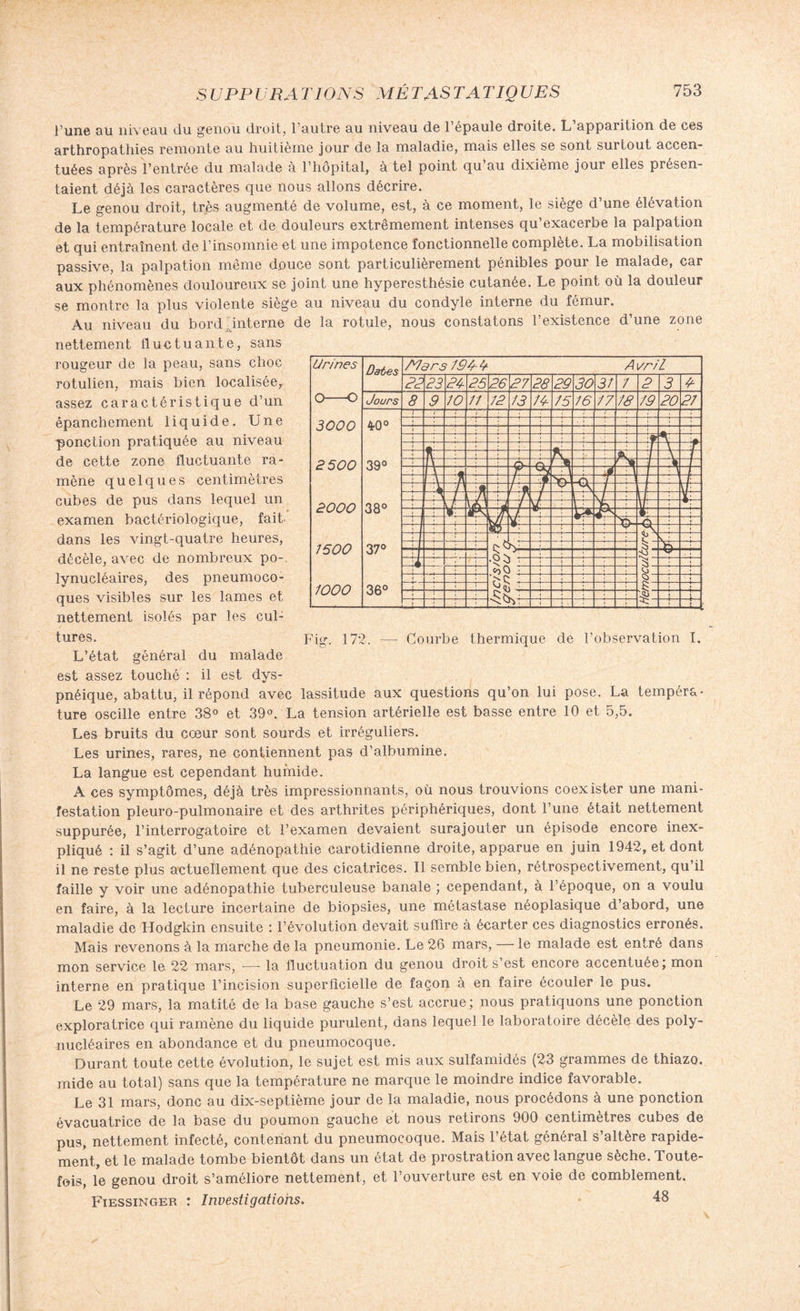 l’une qu niveau du genou droit, 1 autre au niveau de l’épaule droite. L apparition de ces arthropathies remonte au huitième jour de la maladie, mais elles se sont surtout accen¬ tuées après l’entrée du malade à l’hôpital, à tel point qu’au dixième jour elles présen¬ taient déjà les caractères que nous allons décrire. Le genou droit, très augmenté de volume, est, à ce moment, le siège d’une élévation de la température locale et de douleurs extrêmement intenses qu exacerbe la palpation et qui entraînent de l’insomnie et une impotence fonctionnelle complète. La mobilisation passive, la palpation même douce sont particulièrement pénibles pour le malade, car aux phénomènes douloureux se joint une hyperesthésie cutanée. Le point où la douleur se montre la plus violente siège au niveau du condyle interne du fémur. Au niveau du bord interne de la rotule, nous constatons l’existence d’une zone nettement fluctuante, sans rougeur de la peau, sans choc rotulien, mais bien localisée,, assez caractéristique d’un épanchement liquide. Une ponction pratiquée au niveau de cette zone fluctuante ra* mène quelques centimètres cubes de pus dans lequel un examen bactériologique, fait dans les vingt-quatre heures, décèle, avec de nombreux po-, lynucléaires, des pneumoco¬ ques visibles sur les lames et nettement isolés par les cul¬ tures. Fig. 172. — Courbe thermique de l’observation I. L’état général du malade est assez touché : il est dys¬ pnéique, abattu, il répond avec lassitude aux questions qu’on lui pose. La tempéra¬ ture oscille entre 38° et 39°. La tension artérielle est basse entre 10 et 5,5. Les bruits du cœur sont sourds et irréguliers. Les urines, rares, ne contiennent pas d’albumine. La langue est cependant humide. A ces symptômes, déjà très impressionnants, où nous trouvions coexister une mani¬ festation pleuro-pulmonaire et des arthrites périphériques, dont l’une était nettement suppurée, l’interrogatoire et l’examen devaient surajouter un épisode encore inex¬ pliqué : il s’agit d’une adénopathie carotidienne droite, apparue en juin 1942, et dont il ne reste plus actuellement que des cicatrices. Il semble bien, rétrospectivement, qu’il faille y voir une adénopathie tuberculeuse banale ; cependant, à l’époque, on a voulu en faire, à la lecture incertaine de biopsies, une métastase néoplasique d’abord, une maladie de Hodgkin ensuite : l’évolution devait suffire à écarter ces diagnostics erronés. Mais revenons à la marche de la pneumonie. Le 26 mars, —le malade est entré dans mon service le 22 mars, ■—- la fluctuation du genou droit s’est encore accentuée; mon interne en pratique l’incision superficielle de façon à en faire écouler le pus. Le 29 mars, la matité de la base gauche s’est accrue; nous pratiquons une ponction exploratrice qui ramène du liquide purulent, dans lequel le laboratoire décèle des poly¬ nucléaires en abondance et du pneumocoque. Durant toute cette évolution, le sujet est mis aux sulfamidés (23 grammes de thiazo. mide au total) sans que la température ne marque le moindre indice favorable. Le 31 mars, donc au dix-septième jour de la maladie, nous procédons à une ponction évacuatrice de la base du poumon gauche et nous retirons 900 centimètres cubes de pus, nettement infecté, contenant du pneumocoque. Mais l’état général s’altère rapide¬ ment, et le malade tombe bientôt dans un état de prostration avec langue sèche. Toute¬ fois, le genou droit s’améliore nettement, et l’ouverture est en voie de comblement. Fiessinger : Investigations. 48