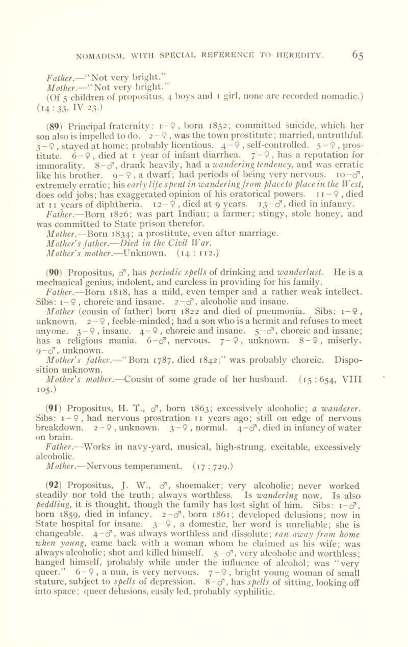 Father.—“Not very bright.’’ Mother.—“Not very bright.’’ (Of 5 chiklreii of propositus. 4 boys and 1 girl, none are recorded nomadic.) (14 : 33. IV 23.) (89) Principal fraternity; i-9, born 1852; committed suicide, which her son also is impelled to do. 2 - 9 , was the town prostitute; married, untruthful. 3- 9 , stayed at home; probably licentious. 4- 9 , self-controlled. 5 - 9 , pros- titute. 6-9 , died at i year of infant diarrhea. 7-9 , has a reputation for immorality. 8-d^, drank heavily, had a wandering tendency, and was erratic like his brother. 9-9, a dwarf; had periods of being very nervous. lo-cf, extremely erratic; his early lije spent in wandering jrom placeto placein the West, does odd jobs; has exaggerated opinion of his oratorical powers. 11 - 9 , died at 11 years of diphtheria. 12 - 9 , died at 9 years. 13-d’', died in infancy. Father.—Born 1826; was part Indian; a farmer; stingy, stole honey, and was committed to State prison therefor. Mother.—Born 1834; a prostitute, even after marriage. Mother's father.—Died in the Civil War. Mother's mother.—Unknown. (14 : 112.) (90) Propositus, c?', has periodic spells of drinking and wanderlust. He is a mechanical genius, indolent, and careless in providing for his family. Father.—Born 1818, has a mild, even temper and a rather weak intellect. Sibs: 1-9 , choreic and insane. 2-cf, alcoholic and insane. Mother (cousin of father) born 1822 and died of pneumonia. Sibs: i-9, unknown. 2 - 9 , feeble-minded; had a son who is a hermit and refuses to meet anyone. 3-9, insane. 4-9 , choreic and insane. 5-cf', choreic and insane; has a religious mania. 6-cf, nervous. 7-9, unknown. 8-9, miserly. 9-o’’, unknown. Mother's father.—“Born 1787, died 1842;’’ was probably choreic. Dispo- sition unknown. Mother's mother.—Cousin of some grade of her husband. (15 : 654, VIII 105.) (91) Propositus, H. T., cf, born 1863; excessively alcoholic; a wanderer. Sibs: I - 9 , had nervous prostration 11 years ago; still on edge of nervous breakdown. 2-9, unknown. 3-9, normal. 4-0’', died in infancy of water on brain. Father.—Works in navy-yard, musical, high-strung, excitable, excessively alcoholic. Mother.—-Fi^r\ous temperament. (17 : 729.) (92) Propositus, J. W., cf, shoemaker; very alcoholic; never worked steadily nor told the truth; always w'orthless. Is wandering now. Is also peddling, it is thought, though the family has lost sight of him. Sibs: i-cf, born 1859, died in infancy. 2-cf, born 1861; developed delusions; now in State hospital for insane. 3-9, a domestic, her word is unreliable; she is changeable. 4-cf, was always worthless and dissolute; ran away from home when young, came back with a woman whom he claimed as his wife; was always alcoholic; shot and killed himself. 5 - cf, very alcoholic and worthless; hanged himself, probably while under the inlluence of alcohol; was “very queer.’’ 6-9 , a nun, is very nervous. 7-9 , bright young woman of small stature, subject to spells of depression. 8-cf, has spells of sitting, looking off into space; queer delusions, easily led, ])robably syphilitic.