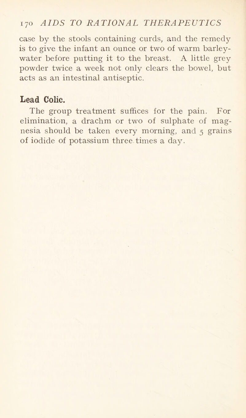 case by the stools containing curds, and the remedy is to give the infant an ounce or two of warm barley- water before putting it to the breast. A little grey powder twice a week not only clears the bowel, but acts as an intestinal antiseptic. Lead Colic. The group treatment suffices for the pain. For elimination, a drachm or two of sulphate of mag¬ nesia should be taken every morning, and 5 grains of iodide of potassium three times a day.