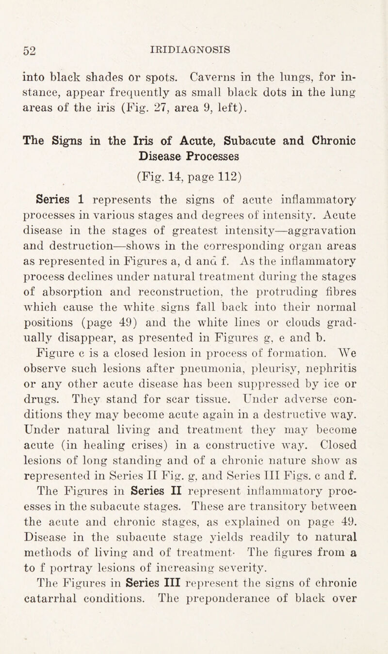into black shades or spots. Caverns in the lungs, for in¬ stance, appear frequently as small black dots in the lung areas of the iris (Fig. 27, area 9, left). The Signs in the Iris of Acute, Subacute and Chronic Disease Processes (Fig. 14, page 112) Series 1 represents the signs of acute inflammatory processes in various stages and degrees of intensity. Acute disease in the stages of greatest intensity—aggravation and destruction—shows in the corresponding organ areas as represented in Figures a, d and f. As the inflammatory process declines under natural treatment during the stages of absorption and reconstruction, the protruding fibres which cause the white signs fall back into their normal positions (page 49) and the white lines or clouds grad¬ ually disappear, as presented in Figures g, e and b. Figure c is a closed lesion in process of formation. We observe such lesions after pneumonia, pleurisy, nephritis or any other acute disease has been suppressed by ice or drugs. They stand for scar tissue. Under adverse con¬ ditions they may become acute again in a destructive way. Under natural living and treatment they may become acute (in healing crises) in a constructive Avay. Closed lesions of long standing and of a chronic nature show as represented in Series II Fig. g, and Series III Figs, c and f. The Figures in Series II represent inflammatory proc¬ esses in the subacute stages. These are transitory between the acute and chronic stages, as explained on page 49. Disease in the subacute stage yields readily to natural methods of living and of treatment- The figures from a to f portray lesions of increasing severity. The Figures in Series III represent the signs of chronic catarrhal conditions. The preponderance of black over