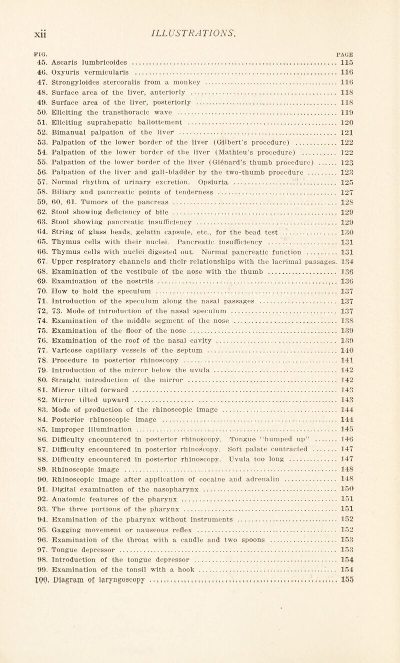 FIG. FAGE 45. Ascaris lumbricoides ....... 115 46. Oxyuris vermicularis . 116 47. Strongyloides stercoralis from a monkey . 116 48. Surface area of the liver, anteriorly . 118 49. Surface area of the liver, posteriorly . 118 50. Eliciting the transthoracic wave . 119 51. Eliciting suprahepatic ballottement . 120 52. Bimanual palpation of the liver . 121 53. Palpation of the lower border of the liver (Gilbert’s procedure) . 122 54. Palpation of the lower border of the liver (Mathieu’s procedure) . 122 55. Palpation of the lower border of the liver (Glénard’s thumb procedure) . 123 56. Palpation of the liver and gall-bladder by the two-thumb procedure . 123 57. Normal rhythm of urinary excretion. Opsiuria ... 125 58. Biliary and pancreatic points of tenderness . 127 59. 60, 61. Tumors of the pancreas . ... 128 62. Stool showing deficiency of bile . 129 63. Stool showing pancreatic insufficiency . 129 64. String of glass beads, gelatin capsule, etc., for the bead test . !.,. 130 65. Thymus cells with their nuclei. Pancreatic insufficiency . 131 66. Thymus cells with nuclei digested out. Normal pancreatic function . 131 67. Upper respiratory channels and their relationships with the lacrimal passages. 134 68. Examination of the vestibule of the nose with the thumb . 136 69. Examination of the nostrils . 136 70. How to hold the speculum ...137 71. Introduction of the speculum along the nasal passages . 137 72. 73. Mode of introduction of the nasal speculum . 137 74. Examination of the middle segment of the nose . 138 75. Examination of the floor of the nose . 139 76. Examination of the roof of the nasal cavity . 139 77. Varicose capillary vessels of the septum . 140 78. Procedure in posterior rhinoscopy . 141 79. Introduction of the mirror below the uvula . 142 80. Straight introduction of the mirror . 142 81. Mirror tilted forward . 143 82. Mirror tilted upward . 143 83. Mode of production of the rhinoscopic image . 144 84. Posterior rhinoscopic image . 144 85. Improper illumination . 145 86. Difficulty encountered in posterior rhinoscopy. Tongue “humped up’’ . 146 87. Difficulty encountered in posterior rhinoscopy. Soft palate contracted .147 88. Difficulty encountered in posterior rhinoscopy. Uvula too long . 147 89. Rhinoscopic image . 148 90. Rhinoscopic image after application of cocaine and adrenalin . 148 91. Digital examination of the nasopharynx ... 150 92. Anatomic features of the pharynx . 151 93. The three portions of the pharynx . 151 94. Examination of the pharynx without instruments . 152 95. Gagging movement or nauseous reflex . 152 96. Examination of the throat with a candle and two spoons . 153 97. Tongue depressor . 153 98. Introduction of the tongue depressor . 154 99. Examination of the tonsil with a hook . 154 X00* Diagraiti of laryngoscopy n i imm i<<m<uunt!hmm*• hm*i mimmm tn • nm 155