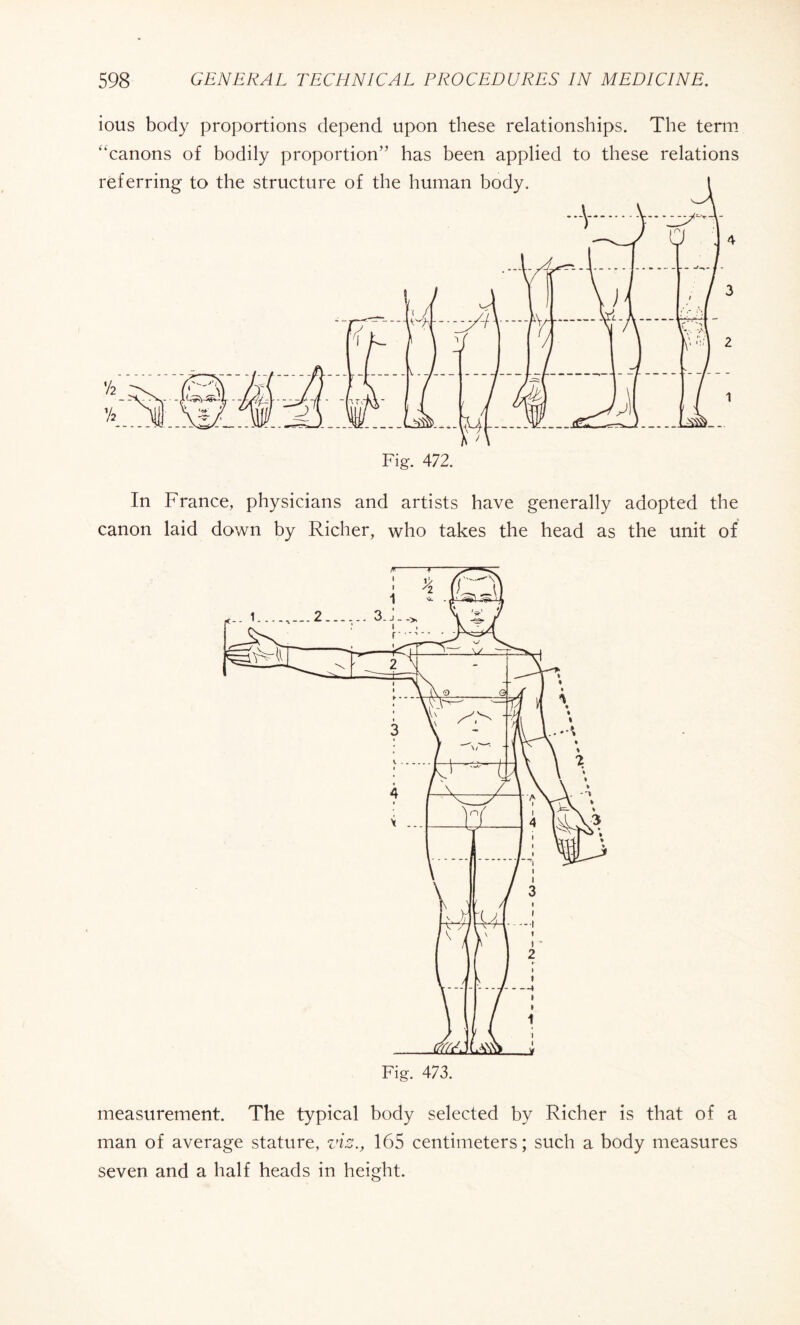 ious body proportions depend upon these relationships. The term “canons of bodily proportion” has been applied to these relations In France, physicians and artists have generally adopted the canon laid down by Richer, who takes the head as the unit of measurement. The typical body selected by Richer is that of a man of average stature, viz., 165 centimeters; such a body measures seven and a half heads in height.