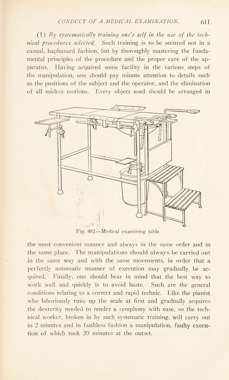 (1) By systematically training one’s self in the use of the tech¬ nical procedures selected. Such training is to be secured not in a casual, haphazard fashion, but by thoroughly mastering the funda¬ mental principles of the procedure and the proper care of the ap¬ paratus. Having acquired some facility in the various steps of the manipulation, one should pay minute attention to details such as the positions of the subject and the operator, and the elimination of all useless motions. Every object used should be arranged in the most convenient manner and always in the same order and in the same place. The manipulations should always be carried out in the same way and with the same movements, in order that a perfectly automatic manner of execution may gradually be ac¬ quired. Finally, one should bear in mind that the best way to work well and quickly is to avoid haste. Such are the general conditions relating to a correct and rapid technic. Like the pianist who laboriously runs up the scale at first and gradually acquires the dexterity needed to render a symphony with ease, so the tech¬ nical worker, broken in by such systematic training, will carry out in 2 minutes and in faultless fashion a manipulation, faulty execu¬ tion of which took 20 minutes at the outset.