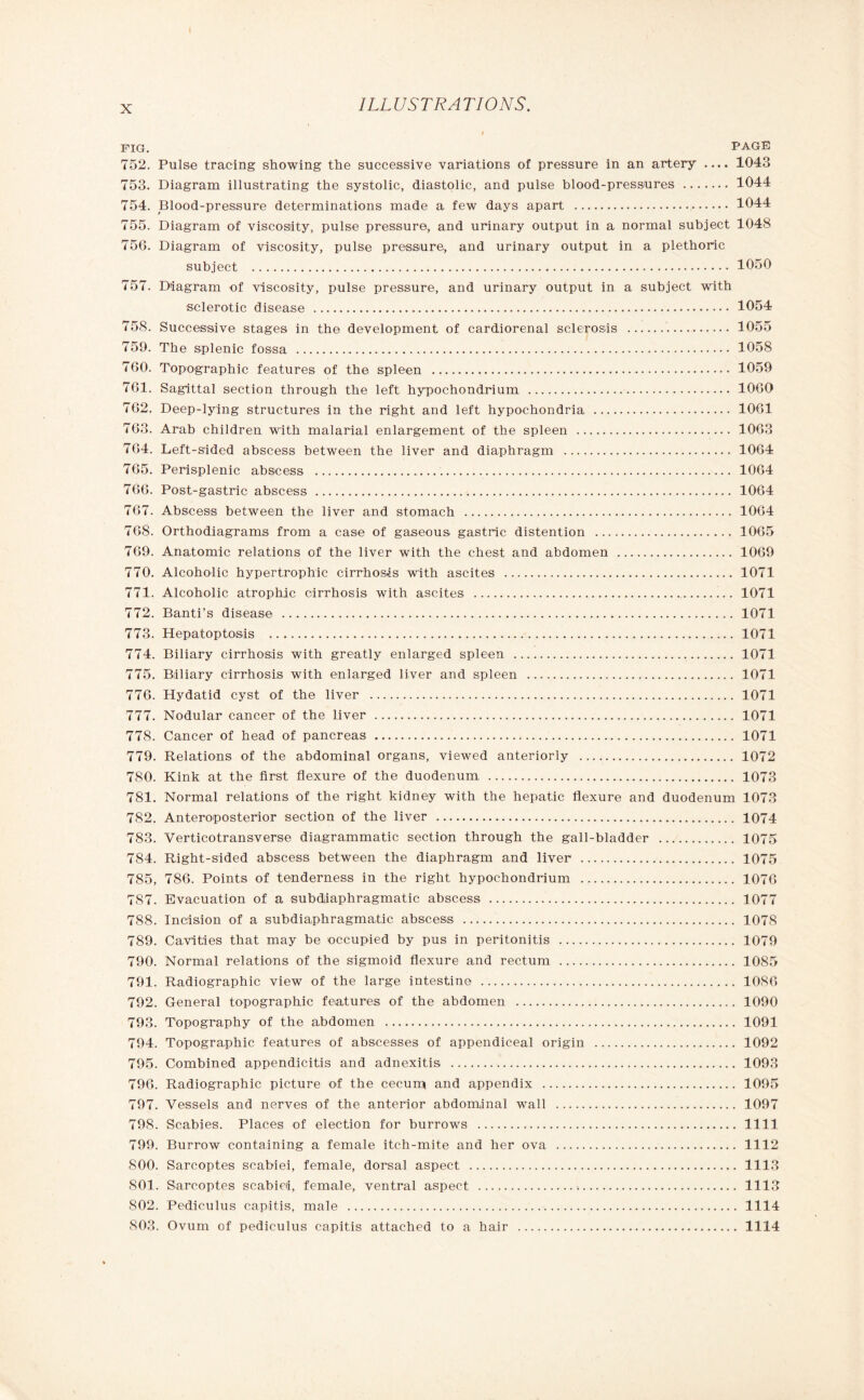 FIG. PAGE 752. Pulse tracing showing the successive variations of pressure in an artery .... 1043 753. Diagram illustrating the systolic, diastolic, and pulse blood-pressures.1044 754. Blood-pressure determinations made a few days apart . 1044 755. Diagram of viscosity, pulse pressure, and urinary output in a normal subject 1048 756. Diagram of viscosity, pulse pressure, and urinary output in a plethoric subject . 1050 757. Diagram of viscosity, pulse pressure, and urinary output in a subject with sclerotic disease . 1054 758. Successive stages in the development of cardiorenal sclerosis . 1055 759. The splenic fossa . 1058 760. Topographic features of the spleen . 1059 761. Sagittal section through the left hypochondrium . 1060 762. Deep-lying structures in the right and left hypochondria . 1061 763. Arab children with malarial enlargement of the spleen . 1063 764. Left-sided abscess between the liver and diaphragm . 1064 765. Perisplenic abscess . 1064 766. Post-gastric abscess . 1064 767. Abscess between the liver and stomach . 1064 768. Orthodiagrams from a case of gaseous gastric distention . 1065 769. Anatomic relations of the liver with the chest and abdomen . 1069 770. Alcoholic hypertrophic cirrhosis with ascites . 1071 771. Alcoholic atrophic cirrhosis with ascites . 1071 772. Banti’s disease . 1071 773. Hepatoptosis . 1071 774. Biliary cirrhosis with greatly enlarged spleen . 1071 775. Biliary cirrhosis with enlarged liver and spleen . 1071 776. Hydatid cyst of the liver . 1071 777. Nodular cancer of the liver . 1071 778. Cancer of head of pancreas . 1071 779. Relations of the abdominal organs, viewed anteriorly . 1072 780. Kink at the first flexure of the duodenum . 1073 781. Normal relations of the right kidney with the hepatic flexure and duodenum 1073 782. Anteroposterior section of the liver . 1074 783. Verticotransverse diagrammatic section through the gall-bladder . 1075 784. Right-sided abscess between the diaphragm and liver . 1075 785. 786. Points of tenderness in the right hypochondrium . 1076 787. Evacuation of a subdiaphragmatic abscess . 1077 788. Incision of a subdiaphragmatic abscess . 107S 789. Cavities that may be occupied by pus in peritonitis . 1079 790. Normal relations of the sigmoid flexure and rectum . 1085 791. Radiographic view of the large intestine . 1086 792. General topographic features of the abdomen . 1090 793. Topography of the abdomen . 1091 794. Topographic features of abscesses of appendiceal origin . 1092 795. Combined appendicitis and adnexitis . 1093 796. Radiographic picture of the cecum and appendix . 1095 797. Vessels and nerves of the anterior abdominal wall . 1097 798. Scabies. Places of election for burrows . 1111 799. Burrow containing a female itch-mite and her ova . 1112 500. Sarcoptes scabiei, female, dorsal aspect . 1113 501. Sarcoptes scabiei, female, ventral aspect .;. 1113 802. Pediculus capitis, male . 1114 803. Ovum of pediculus capitis attached to a hair . 1114