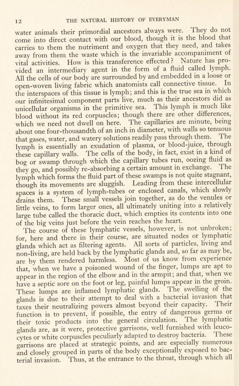 water animals their primordial ancestors always were. I hey do not come into direct contact with our blood, though it is the blood that carries to them the nutriment and oxygen that they need, and takes away from them the waste which is the invariable accompaniment of vital activities. How is this transference effected ? Nature has pro¬ vided an intermediary agent in the form of a fluid called lymph. All the cells of our body are surrounded by and embedded in a loose or open-woven living fabric which anatomists call connective tissue. In the interspaces of this tissue is lymph; and this is the true sea in which our infinitesimal component parts live, much as their ancestors did as unicellular organisms in the primitive sea. This lymph is much like blood without its red corpuscles; though there are other differences, which we need not dwell on here. The capillaries are minute, being about one four-thousandth of an inch in diameter, with walls so tenuous that gases, water, and watery solutions readily pass through them. The lymph is essentially an exudation of plasma, or blood-juice, through these capillary walls. The cells of the body, in fact, exist in a kind of bog or swamp through which the capillary tubes run, oozing fluid as they go, and possibly re-absorbing a certain amount in exchange. The lymph which forms the fluid part of these swamps is not quite stagnant, though its movements are sluggish. Leading from these intercellular spaces is a system of lymph-tubes or enclosed canals, which slowly drains them. These small vessels join together, as do the venules or little veins, to form larger ones, all ultimately uniting into a relatively large tube called the thoracic duct, which empties its contents into one of the big veins just before the vein reaches the heart. The course of these lymphatic vessels, however, is not unbroken; for, here and there in their course, are situated nodes or lymphatic glands which act as filtering agents. All sorts of particles, living and non-living, are held back by the lymphatic glands and, so far as may be, are by them rendered harmless. Most of us know from experience that, when we have a poisoned wound of the finger, lumps are apt to appear in the region of the elbow and in the armpit; and that, when we have a septic sore on the foot or leg, painful lumps appear in the groin. These lumps are inflamed lymphatic glands. The swelling of the glands is due to their attempt to deal with a bacterial invasion that taxes their neutralizing powers almost beyond their capacity. Their function is to prevent, if possible, the entry of dangerous germs or their toxic products into the general circulation. The lymphatic glands are, as it were, protective garrisons, well furnished with leuco¬ cytes or white corpuscles peculiarly adapted to destroy bacteria. These garrisons are placed at strategic points, and are especially numerous and closely grouped in parts of the body exceptionally exposed to bac¬ terial invasion. Thus, at the entrance to the throat, through which all