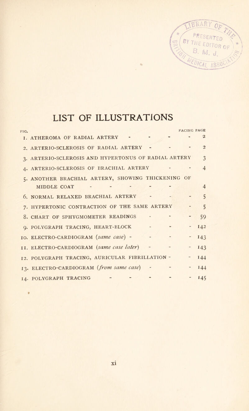 LIST OF ILLUSTRATIONS FACING PAGE 1. ATHEROMA OF RADIAL ARTERY - - 2 2. ARTERIO-SCLEROSIS OF RADIAL ARTERY - * 2 3. ARTERIO-SCLEROSIS AND HYPERTONUS OF RADIAL ARTERY 3 4. ARTERIO-SCLEROSIS OF BRACHIAL ARTERY - - 4 5. ANOTHER BRACHIAL ARTERY, SHOWING THICKENING OF MIDDLE COAT - - - 4 6. NORMAL RELAXED BRACHIAL ARTERY - - 5 7. HYPERTONIC CONTRACTION OF THE SAME ARTERY - 5 8. CHART OF SPHYGMOMETER READINGS - - '59 9. POLYGRAPH TRACING, HEART-BLOCK - - - I42 10. ELECTRO-CARDIOGRAM {same case) - - -  143 11. ELECTRO-CARDIOGRAM {same case later) - - - 143 12. POLYGRAPH TRACING, AURICULAR FIBRILLATION - - 144 13. ELECTRO-CARDIOGRAM {from same case) - - - M4 14. POLYGRAPH TRACING - - - - - 145 9