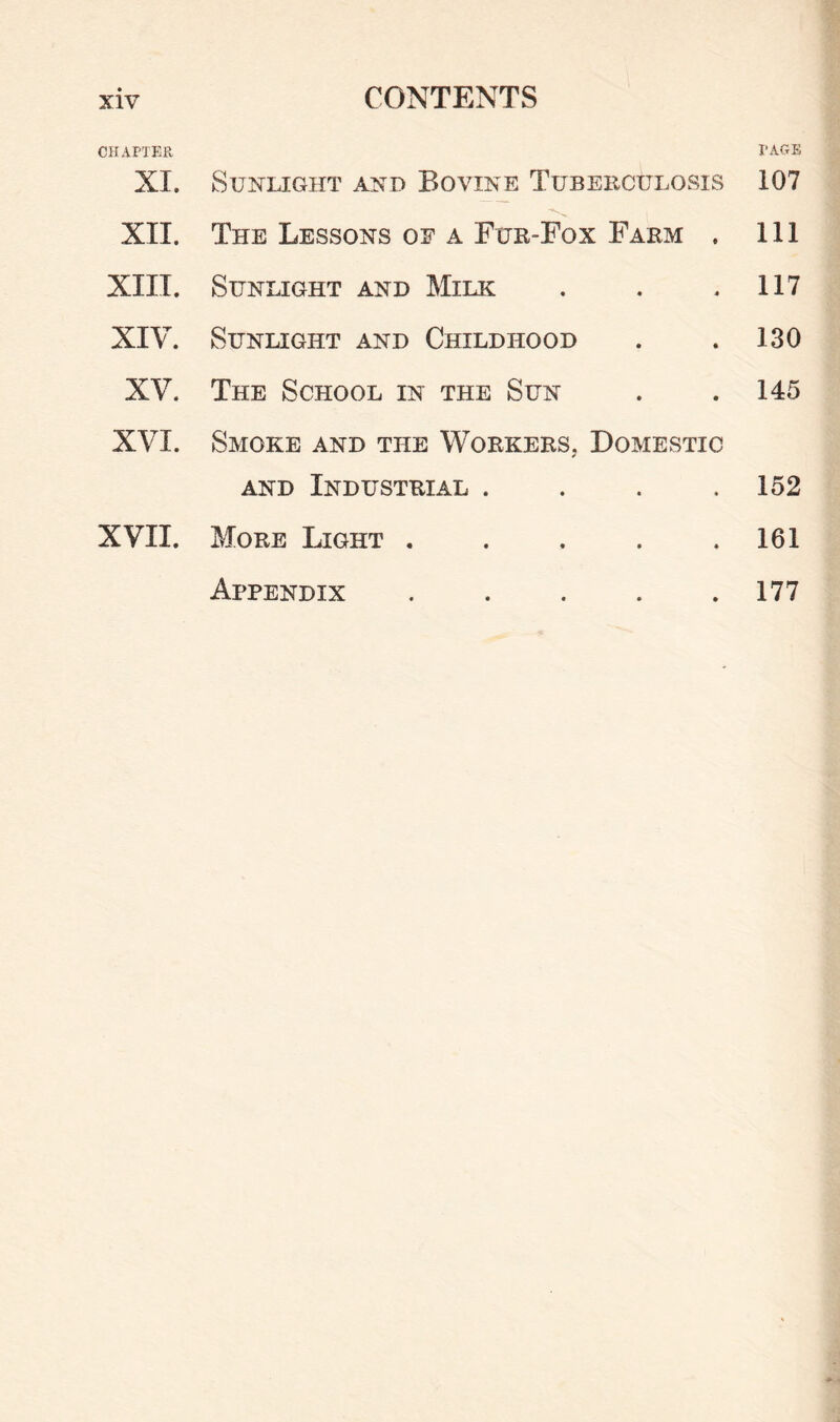 CHAPTER XI. XII. XIII. XIV. XV. XVI. XVII. Sunlight and Bovine Tuberculosis The Lessons oe a Fur-Fox Farm . Sunlight and Milk Sunlight and Childhood The School in the Sun Smoke and the Workers. Domestic * and Industrial .... More Light ..... Appendix. PAGE 107 111 117 130 145 152 161 177