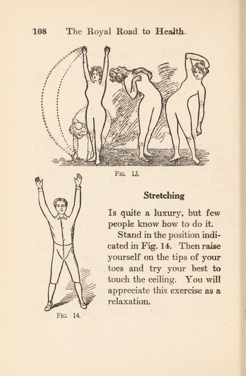 Fig, 14, Fig. 13. Stretching Is quite a luxury, but few people know hoy/ to do it. Stand in the position indi¬ cated in Fig. 14. Then raise yourself on the tips of your toes and try your best to touch the ceiling. You will appreciate this exercise as a relaxation.