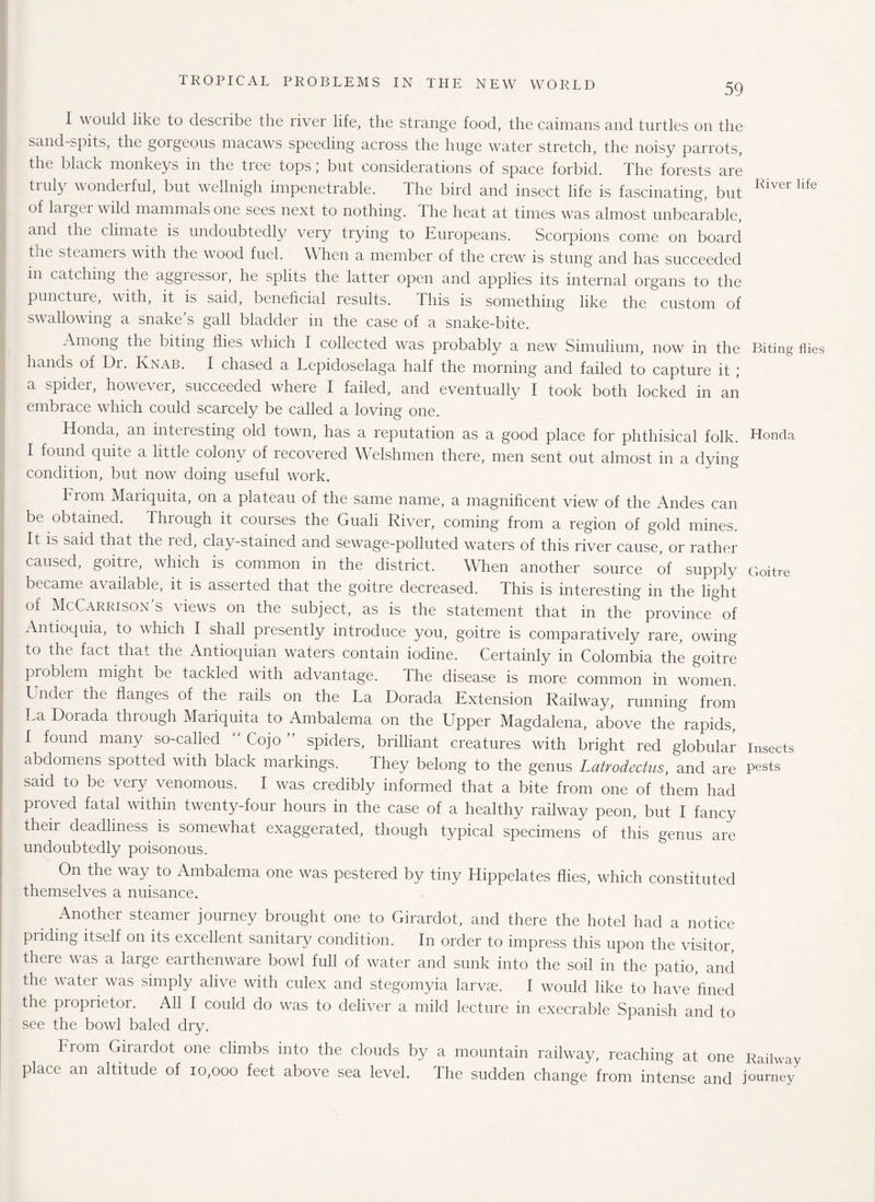 I would like to describe the river life, the strange food, the caimans and turtles on the I sand-spits, the gorgeous macaws speeding across the huge water stretch, the noisy parrots, the black monkeys in the tree tops; but considerations of space forbid. The forests are truly wonderful, but wellnigh impenetrable. The bird and insect life is fascinating, but Rlver llfe of large 1 wild mammals one sees next to nothing, the heat at times was almost unbearable, and the climate is undoubtedly very trying to Europeans. Scorpions come on board the steamers with the wood fuel. When a member of the crew is stung and has succeeded in catching the aggressor, he splits the latter open and applies its internal organs to the puncture, with, it is said, beneficial results. 11ns is something like the custom of swallowing a snake’s gall bladder in the case of a snake-bite. Among the biting flies which I collected was probably a new Simulium, now in the Biting flies hands of Dr. Knab. I chased a Lepidoselaga half the morning and failed to capture it; a spider, however, succeeded where I failed, and eventually I took both locked in an embrace which could scarcely be called a loving one. Honda, an interesting old town, has a reputation as a good place for phthisical folk. Honda I found qune a little colony of recovered Welshmen there, men sent out almost in a dying condition, but now doing useful work. Fiom Maiiquita, on a plateau of the same name, a magnificent view of the Andes can be obtained. Through it courses the Guali River, coming from a region of gold mines. It is said that the red, clay-stained and sewage-polluted waters of this river cause, or rather caused, goitre, which is common in the district. When another source of supply Goitre became available, it is asserted that the goitre decreased. This is interesting in the light of McCarrison’s views on the subject, as is the statement that in the province of Antioquia, to which I shall presently introduce you, goitre is comparatively rare, owing to the fact that the Antioquian waters contain iodine. Certainly in Colombia the goitre problem might be tackled with advantage. The disease is more common in women. Under the flanges of the rails on the La Dorada Extension Railway, running from La Dorada through Mariquita to Ambalema on the Upper Magdalena, above the rapids, I found many so-called Cojo ” spiders, brilliant creatures with bright red globular insects abdomens spotted with black markings. They belong to the genus Latrodectus, and are pests said to be very venomous. I was credibly informed that a bite from one of them had proved fatal within twenty-four hours in the case of a healthy railway peon, but I fancy their deadliness is somewhat exaggerated, though typical specimens of this genus are undoubtedly poisonous. On the way to Ambalema one was pestered by tiny Hippelates flies, which constituted themselves a nuisance. Another steamer journey brought one to Girardot, and there the hotel had a notice priding itself on its excellent sanitary condition. In order to impress this upon the visitor there was a large earthenware bowl full of water and sunk into the soil in the patio, and the water was simply alive with culex and stegomyia larvae. I would like to have fined the proprietor. All I could do was to deliver a mild lecture in execrable Spanish and to see the bowl baled dry. Fiom Girardot one climbs into the clouds by a mountain railway, reaching at one Railway place an altitude of 10,000 feet above sea level. Ihe sudden change from intense and journey