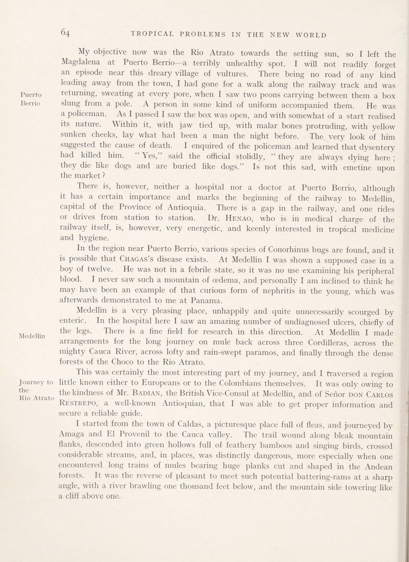 Puerto Berrio Medellin Journey to the Rio Atrato 64 TROPICAL PROBLEMS IN THE NEW WORLD My objective now was the Rio Atrato towards the setting sun, so I left the Magdalena at Puerto Berrio a terribly unhealthy spot. I will not readily forget an episode near this dreary village of vultures. There being no road of any kind leading away from the town, I had gone for a walk along the railway track and was returning, sweating at every pore, when I saw two peons carrying between them a box slung from a pole. A person in some kind of uniform accompanied them. He was a policeman. As I passed I saw the box was open, and with somewhat of a start realised its nature. Within it, with jaw tied up, with malar bones protruding, with yellow sunken cheeks, lay what had been a man the night before. The very look of him suggested the cause of death. I enquired of the policeman and learned that dysentery had killed him. Yes,” said the official stolidly, “ they are always dying here ; they die like dogs and are buried like dogs.” Is not this sad, with emetine upon the market ? There is, however, neither a hospital nor a doctor at Puerto Berrio, although it has a certain importance and marks the beginning of the railway to Medellin, capital of the Province of Antioquia. There is a gap in the railway, and one rides or drives from station to station. Dr. Henao, who is in medical charge of the railway itself, is, however, very energetic, and keenly interested in tropical medicine and hygiene. In the region near Puerto Berrio, various species of Conorhinus bugs are found, and it is possible that Chagas’s disease exists. At Medellin I was shown a supposed case in a boy of twelve. He was not in a febrile state, so it was no use examining his peripheral blood. I never saw such a mountain of oedema, and personally I am inclined to think he may have been an example of that curious form of nephritis in the young, which was afterwards demonstrated to me at Panama. Medellin is a very pleasing place, unhappily and quite unnecessarily scourged by enteric. In the hospital here I saw an amazing number of undiagnosed ulcers, chiefly of the legs. There is a fine field for research in this direction. At Medellin I made arrangements for the long journey on mule back across three Cordilleras, across the mighty Cauca River, across lofty and rain-swept paramos, and finally through the dense forests of the Choco to the Rio Atrato. This was certainly the most interesting part of my journey, and I traversed a region little known either to Europeans or to the Colombians themselves. It was only owing to the kindness of Mr. Badian, the British Vice-Consul at Medellin, and of Senor don Carlos Restrepo, a well-known Antioquian, that I was able to get proper information and secure a reliable guide. I started from the town of Caldas, a picturesque place full of fleas, and journeyed by Amaga and El Provenil to the Cauca valley. The trail wound along bleak mountain flanks, descended into green hollows full of feathery bamboos and singing birds, crossed considerable streams, and, in places, was distinctly dangerous, more especially when one encountered long trains of mules bearing huge planks cut and shaped in the Andean forests. It was the reverse of pleasant to meet such potential battering-rams at a sharp angle, with a river brawling one thousand feet below, and the mountain side towering like a cliff above one.
