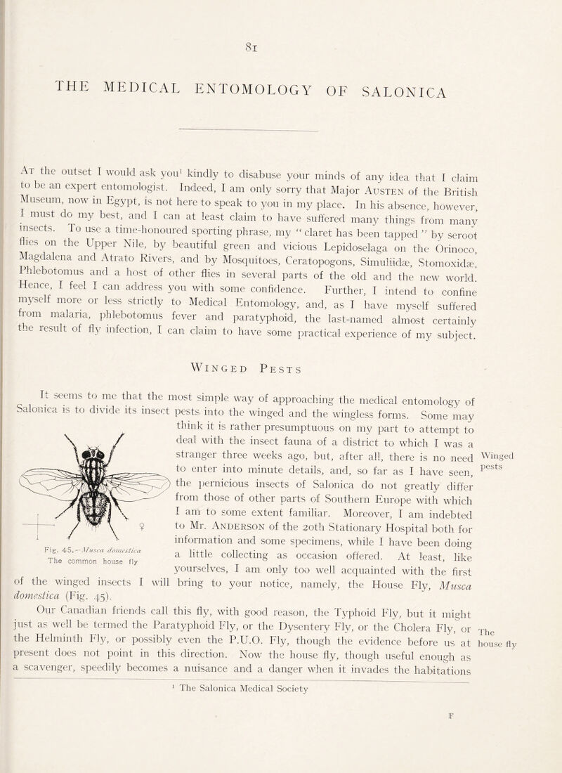 I HE MEDICAL ENTOMOLOGY OF SALONICA Ai the outset I would ask you1 kindly to disabuse your minds of any idea that I claim to be an expert entomologist. Indeed, I am only sorry that Major Austen of the British Museum, now m Egypt, is not here to speak to you in my place. In his absence, however, I must do my best, and I can at least claim to have suffered many things from many insects. To use a time-honoured sporting phrase, my - claret has been tapped ” by seroot flies on the Upper Nile, by beautiful green and vicious Lepidoselaga on the Orinoco, Magdalena and Atrato Rivers, and by Mosquitoes, Ceratopogons, Simuliidae, Stomoxidae! Phlebotomus and a host of other flies in several parts of the old and the new world. Hence, I feel I can address you with some confidence. Further, I intend to confine myself more or less strictly to Medical Entomology, and, as I have myself suffered from malaria, phlebotomus fever and paratyphoid, the last-named almost certainly t' e resuC °f Ay infection, I can claim to have some practical experience of my subject. Winged Pests ft seems to me that the most simple way of approaching the medical entomology of Salome a is to divide its insect pests into the winged and the wingless forms. Some may think it is rather presumptuous on my part to attempt to deal with the insect fauna of a district to which I was a stranger three weeks ago, but, after all, there is no need WinSed to enter into minute details, and, so far as I have seen, pests the pernicious insects of Salonica do not greatly differ from those of other parts of Southern Europe with which I am to some extent familiar. Moreover, I am indebted to Mr. Anderson of the 20th Stationary Hospital both for information and some specimens, while I have been doing a little collecting as occasion offered. At least, like yourselves, I am only too well acquainted with the first of the winged insects I will bring to your notice, namely, the House Fly, Musca domestica (Fig. 45). Our Canadian friends call this fly, with good reason, the Typhoid Fly, but it might just as well be termed the Paratyphoid Fly, or the Dysentery Fly, or the Cholera Fly, or Thc the Helminth Fly, or possibly even the P.U.O. Fly, though the evidence before us at house fly present does not point in this direction. Now the house fly, though useful enough as a scavenger, speedily becomes a nuisance and a danger when it invades the habitations 1 The Salonica Medical Society Fig. 45. — Musca domestica. The common house fly F
