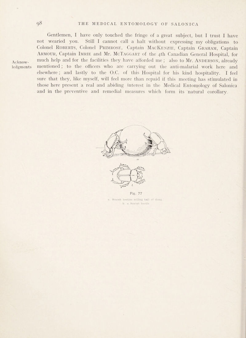 Acknow¬ ledgments Gentlemen, I have only touched the fringe of a great subject, but I trust I have not wearied you. Still I cannot call a halt without expressing my obligations to Colonel Roberts, Colonel Primrose, Captain Mackenzie, Captain Graham, Captain Armour, Captain Imrie and Mr. McTaggart of the 4th Canadian General Hospital, for much help and for the facilities they have afforded me ; also to Mr. Anderson, already mentioned ; to the officers who are carrying out the anti-malarial work here and elsewhere ; and lastly to the O.C. of this Hospital for his kind hospitality. I feel sure that they, like myself, will feel more than repaid if this meeting has stimulated in those here present a real and abiding interest in the Medical Entomology of Salonica and in the preventive and remedial measures which form its natural corollary. a, Scarab beetles rolling ball of dung , b. a Scarab beetle