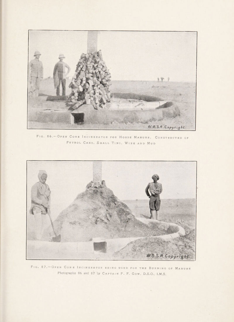Fig. 86. Open Cone Incinerator for Horse Manure. Constructed of Petrol Cans, Small Tins, Wire and Mud Fig. 87. Open Cone Incinerator being used for the Burning of Manure