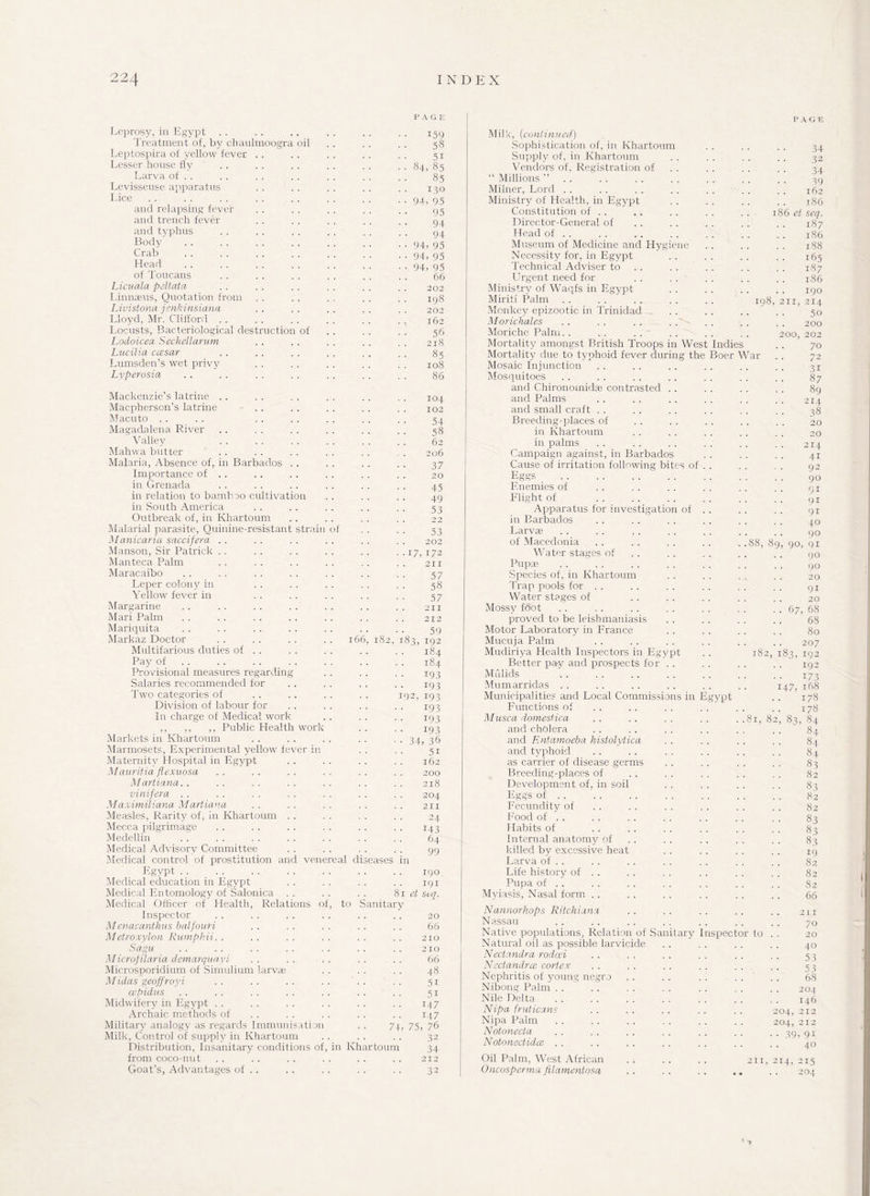 22/ Leprosy, in Egypt PAGE 159 Treatment of, by cbaulmoogra oil 58 Leptospira of yellow fever 51 Lesser house fly • • 84, 85 Larva of . . 85 Levisseuse apparatus 130 Lice • • 94, 95 and relapsing fever 95 and trench fever 94 and typhus 94 Body'. ■ • 94, 95 Crab . • • 94, 95 Head ■ • 94, 95 of Toucans 66 Licuala pdtata 202 Linnaeus, Quotation from 198 Livistona jenkinsiana 202 Lloyd, Mr. Clifford 162 Locusts, Bacteriological destruction of 56 Lodoicea Sechellarum 218 Lucilia ccesar 85 Lumsden’s wet privy 108 Lyperosia 86 Mackenzie’s latrine 104 Macpherson’s latrine 102 Macuto • • 54 Magadalena River 58 Valley 62 Mahwa butter 206 Malaria, Absence of, in Barbados 37 Importance of . . 20 in Grenada 45 in relation to bamboo cultivation 49 in South America 53 Outbreak of, in Khartoum 22 Malarial parasite, Quinine-resistant strain of 53 Manicaria saccifera 202 Manson, Sir Patrick .. 17,172 Manteca Palm 2X1 Maracaibo 57 Leper colony7 in 58 Yellow fever in 57 Margarine 211 Mari Palm 212 Mariquita 59 Markaz Doctor 166, 182, 183, 192 Multifarious duties of . . 184 Pay of 184 Provisional measures regarding 193 Salaries recommended for 193 Two categories of 192, 193 Division of labour for 193 In charge of Medical work 193 ,, ,, ,, Public Health work 193 Markets in Khartoum • • 34, 36 Marmosets, Experimental yellow fever in 5i Maternity Hospital in Egypt 162 Mauritia flexuosa 200 Martiana. . 218 vinifera 204 M aximiliana Martiana 211 Measles, Rarity of, in Khartoum 24 Mecca pilgrimage 143 Medellin 64 Medical Advisory Committee QQ Medical control of prostitution and venereal diseases in Egypt. 190 Medical education in Egypt 191 Medical Entomology of Salonica . . 81 et Scq. Medical Officer of Health, Relations of, to Sanitary Inspector 20 Menacanthus balfouri 66 Metroxylon Rumpkii. . 210 Sagu 210 Microfilaria demarquavi 66 Microsporidium of Simulium larvae 48 Midas geojfroyi 5i cepidus 51 Midwifery in Egypt 147 Archaic methods of 147 Military analogy as regards Immunisation 74, 75, 76 Milk, Control of supply in Khartoum Distribution, Insanitary conditions of, in 32 Khartoum 34 from coco-nut , . 212 Goat’s, Advantages of . . 32 Registration of West Indies Oil Palm, West African Oncosperma filamentosa es of .88, 89, 90 Milk, (continued) Sophistication of, in Khartoum Supply of, in Khartoum Vendors of “ Millions ” Milner, Lord Ministry of Health, in Egypt Constitution of . . Director-General of Head of . . Museum of Medicine and Hygiene Necessity for, in Egypt Technical Adviser to Urgent need for Ministry of Waqfs in Egypt Miriti Palm Monkey epizootic in Trinidad Morichales Moriche Palm. . Mortality amongst British Troops Mortality due to typhoid fever during the Boer War Mosaic Injunction Mosquitoes and Chironomidas contrasted and Palms and small craft Breeding-places of in Khartoum in palms Campaign against, in Barbados Cause of irritation following bit' Eggs Enemies of Flight of Apparatus for investigation of in Barbados Larvae of Macedonia Water stages of Pupae Species of, in Khartoum Trap pools for Water stages of Mossy foot proved to be leishmaniasis Motor Laboratory in France Mucuja Palm Mudiriya Health Inspectors in Egypt Better pay and prospects for Mulids Mumarridas Municipalities and Local Commissions in Functions of Muse a domestica and cholera and Entamoeba histolytica and typhoid as carrier of disease germs Breeding-places of Development of, in soil Eggs of . . Fecundity of Food of . . Habits of Internal anatomy of killed by excessive heat Larva of . . Life history of . . Pupa of .. Myiasis, Nasal form Nannorhops Ritchixna Nassau Native populations, Relation of Sanitary Inspector to . Natural oil as possible larvicide Nectandra rodeei Nectandrce cortex Nephritis of young negro Nibong Palm Nile Delta Nipa fruticans Nipa Palm Notonecta Notonectidce 198, 211 200, :ypt PAGE 34 32 34 39 162 186 186 el seq. .. 187 186 188 165 . . 187 186 190 214 5o 200 202 70 72 3i 87 89 214 38 20 20 214 4i 92 90 Qi 91 9i 40 90 , 9i 90 90 20 91 20 , 68 68 80 207 192 192 1/3 168 178 178 84 67 182, 18- 147, .81, 82, 83 204, 204, • 39 84 84 83 82 83 82 82 83 83 83 19 82 82 82 66 211 70 20 40 53 53 68 204 146 212 212 , 91 40 2x1, 214,215 204
