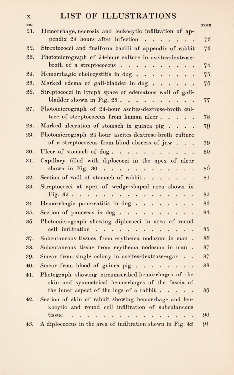 FIG. PAGB 21. Hemorrhage, necrosis and leukocytic infiltration of ap¬ pendix 24 hours after infection.73 22. Streptococci and fusiform bacilli of appendix of rabbit 73 23. Photomicrograph of 24-hour culture in ascites-dextrose- broth of a streptococcus. 74 24. Hemorrhagic cholecystitis in dog.. 75 25. Marked edema of gall-bladder in dog.. 76 26. Streptococci in lymph space of edematous wall of gall¬ bladder shown in Fig. 25.77 27. Photomicrograph of 24-hour ascites-dextrose-broth cul¬ ture of streptococcus from human ulcer.78 28. Marked ulceration of stomach in guinea pig .... 79 29. Photomicrograph 24-hour ascites-dextrose-broth culture of a streptococcus from blind abscess of jaw ... 79 30. Ulcer of stomach of dog.. 80 31. Capillary filled with diplococci in the apex of ulcer shown in Fig. 30.. . 80 32. Section of wall of stomach of rabbit.81 33. Streptococci at apex of wedge-shaped area shown in Fig. 32 .... 82 34. Hemorrhagic pancreatitis in dog.83 35. Section of pancreas in dog.. . 84 36. Photomicrograph showing diplococci in area of round cell infiltration.85 37- Subcutaneous tissues from erythema nodosum in man . 86 38. Subcutaneous tissue from erythema nodosum in man . 87 39. Smear from single colony in ascites-dextrose-agar . . 87 40. Smear from blood of guinea pig.88 41. Photograph showing circumscribed hemorrhages of the skin and symmetrical hemorrhages of the fascia of the inner aspect of the legs of a rabbit.89 42. Section of skin of rabbit showing hemorrhage and leu¬ kocytic and round cell infiltration of subcutaneous tissue.90 43. A diplococcus in the area of infiltration shown in Fig. 42 91