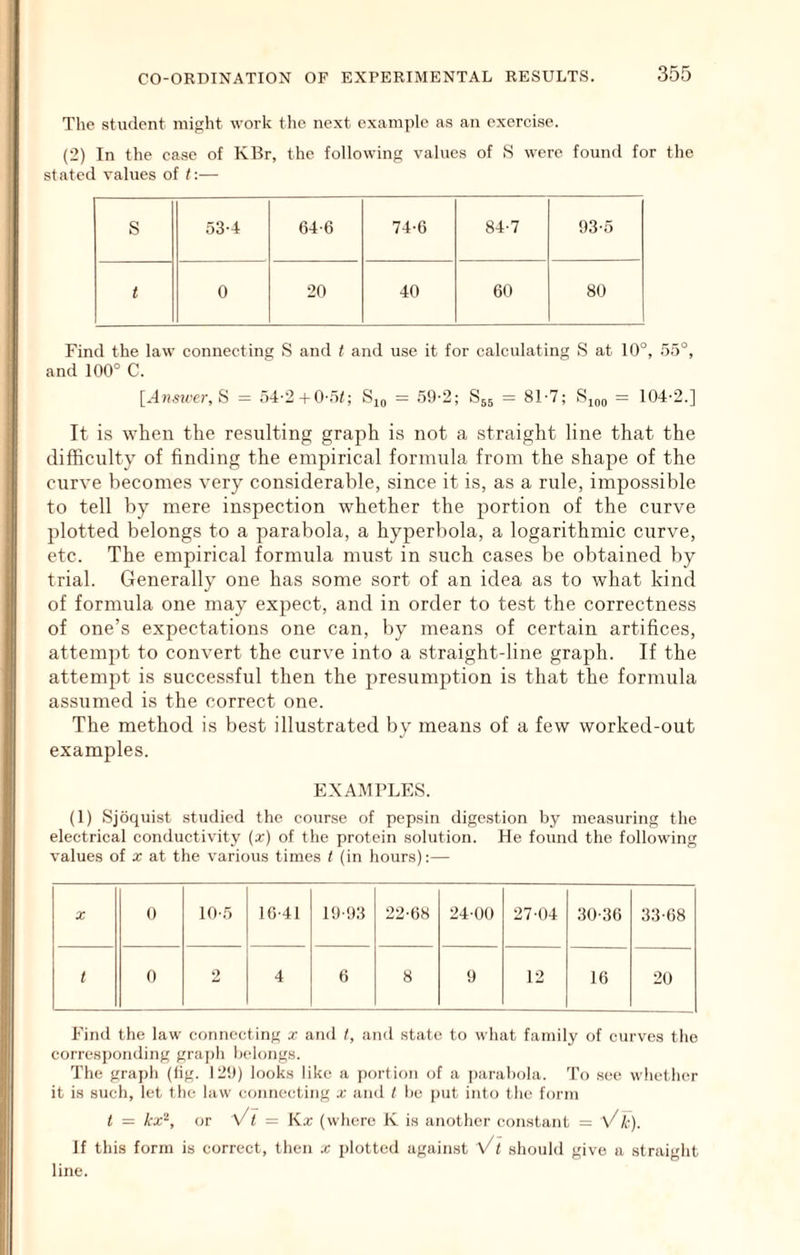 The student might work the next example as an exercise. (2) In the ease of KBr, the following values of S were found for the stated values of I:— s 53-4 64-6 74-6 84-7 03-5 t 0 20 40 60 80 Find the law connecting S and t and use it for calculating S at 10°, .55°, and 100° C. [.4?i«eer, S = 54-2+0-.5;; Sjo = 51)-2: S55 = 81-7; Sioo = 104-2.] It is when the resulting graph is not a straight line that the difficulty of finding the empirical formula from the shape of the curve becomes very considerable, since it is, as a rule, impossible to tell by mere in.spection whether the portion of the curve plotted belongs to a parabola, a hyperbola, a logarithmic curve, etc. The empirical formula must in such cases be obtained by trial. Generally one has some sort of an idea as to what kind of formula one may expect, and in order to test the correctness of one’s expectations one can, by means of certain artifices, attempt to convert the curve into a straight-line graph. If the attempt is successful then the presumption is that the formula assumed is the correct one. The method is best illustrated by means of a few worked-out examples. EXAMPLES. (1) Sjoquist studied the course of pepsin digestion by measuring the electrical conductivity (x) of the protein solution. He found the following values of x at the various times t (in hours);— z 0 10-5 16-41 19-93 22-68 24-00 27-04 30-36 33-68 1 0 2 4 6 8 9 12 16 20 Find the law connecting x and I, and state to what family of ctirves tlie corresponding gra])h belongs. The grapli (fig. 12!)) looks like a portion of a parabola. To see whether it is such, let the law connecting x and t be put into the form I = kx^, or Vl = Kx (where K is another constant = Vk). If this form is correct, then x plotted against Vt should give a straight line.