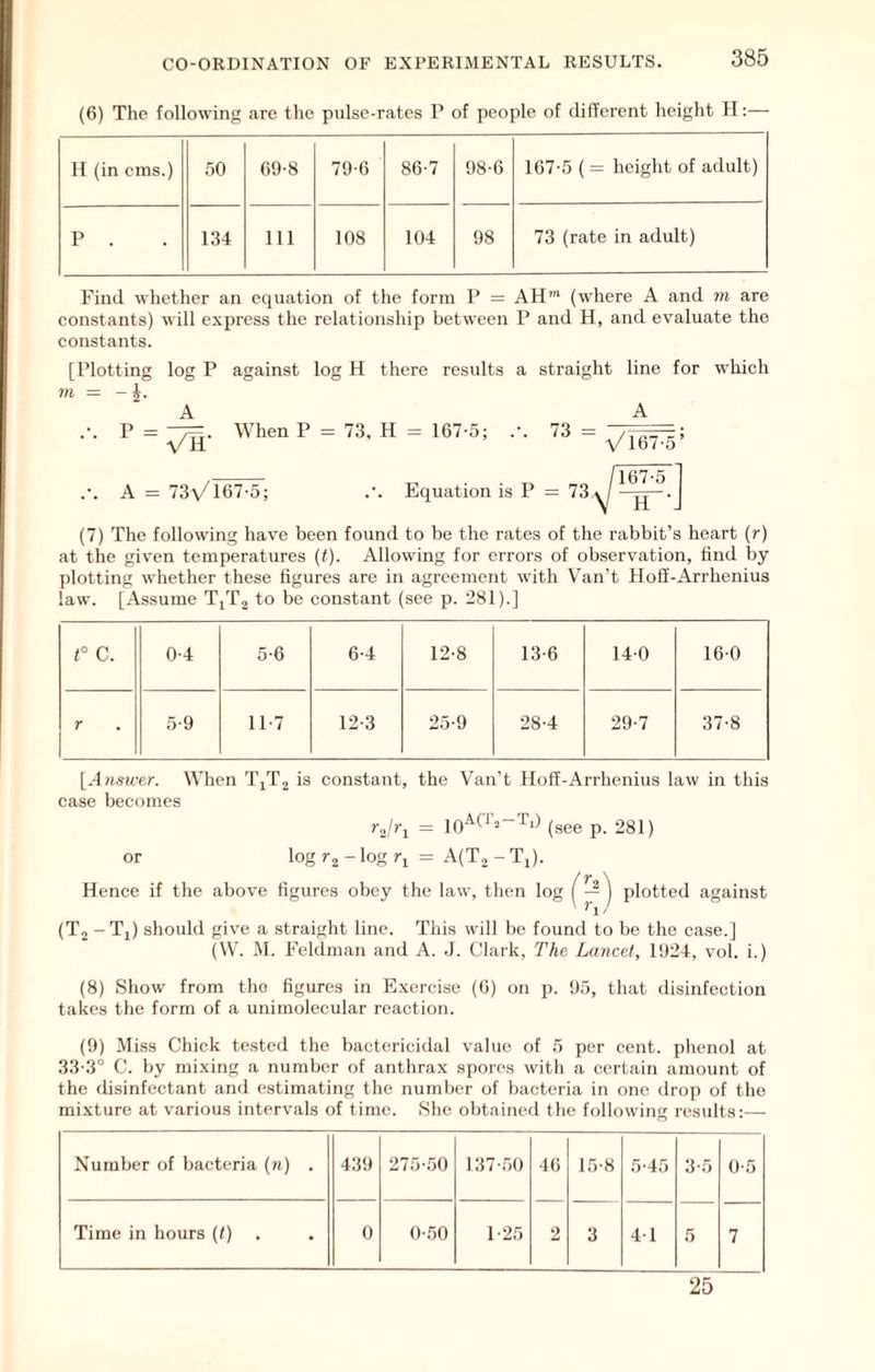 (6) The following are the pulse-rates P of people of different height H:— H (in cms.) 50 69-8 79-6 86-7 98-6 167-5 ( = height of adult) P . 134 111 108 104 98 73 (rate in adult) Find whether an equation of the form P = AH™ (where A and rn are constants) will express the relationship between P and H, and evaluate the constants. [Plotting log P against log H there results a straight line for wdiich m = - When P = 73, H = 167-5; .-. 73=^; A = 73\/l67-5; .’. Equation is P = 73 (7) The following have been found to be the rates of the rabbit’s heart (r) at the given temperatures [t). Allowing for errors of observation, find by plotting whether these figures are in agreement with V’an’t Hofi-Arrhenius law. [Assume T/P^ to be constant (see p. :181).] t° C. 0-4 5-6 6-4 12-8 13-6 14-0 16-0 r 5-9 11-7 12-3 25-9 28-4 29-7 37-8 yAnsioer. When TjTj is constant, the Van’t Hoff-Arrhenius law in this case becomes ro/j-j = p_ 281) logr^-logri = A(T2-Ti). or Hence if the above figures obey the law, then log plotted against (Tj -Tj) should giv'e a straight line. This will be found to be the case.] (W. M. Feldman and A. .1. Clark, The Lmicet, 1924, vol. i.) (8) Show from the figures in Exercise (6) on p. 95, that disinfection takes the form of a unimolecular reaction. (9) Miss Chick tested the bactericidal value of 5 per cent, phenol at 33-3° C. by mixing a number of anthrax spores with a certain amount of the disinfectant and estimating the number of bacteria in one drop of the mixture at various intervals of time. She obtained the following results:— Number of bacteria (n) . 439 275-50 137-50 46 15-8 5-45 3-5 0-5 Time in hours (t) 0 0-50 1-25 2 3 4-1 5 7 25