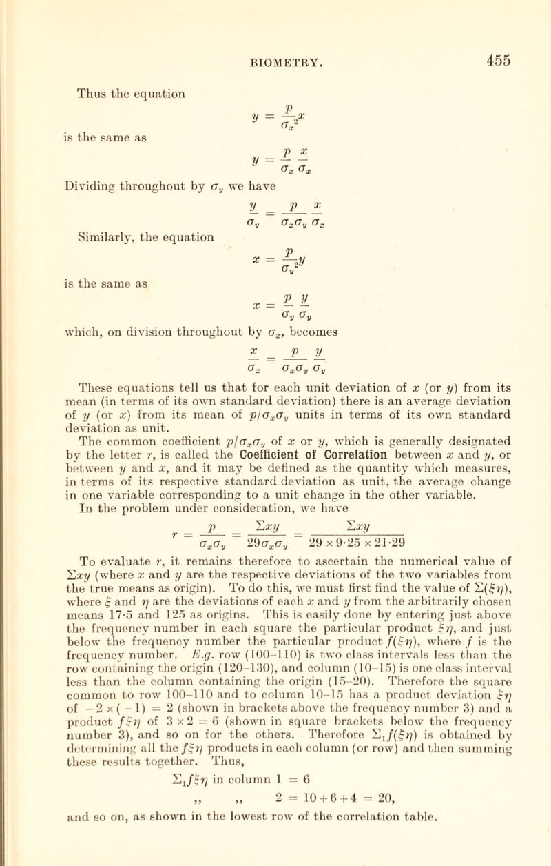 Thus the equation is the same as P p X y = -— Ox Oi. Dividing throughout by we have y_ ^ 'p X Oy OxOy Ox Similarly, the equation P * = o^~ is the same as ?L ^ Oy Oy which, on division throughout by a^, becomes X _ p y Ox OxOy Gy These equations tell us that for each unit deviation of x (or y) from its mean (in terms of its own standard deviation) there is an average deviation of y (or x) from its mean of pjo^Oy units in terms of its own standard deviation as unit. The common coefficient pjOxOy of x or y, which is generally designated by the letter r, is called the Coefficient of Correlation between x and y, or between y and x, and it may be defined as the quantity which measures, in terms of its respective standard deviation as unit, the average change in one variable corresponding to a unit change in the other variable. In the problem under consideration, we have _ P _ Sxy _ Sa;y ^ OxOy 290xOy 29 X 9-25 X 21-29 To evaluate r, it remains therefore to ascertain the numerical value of Hxy (w'here x and y are the respective deviations of the two variables from the true means as origin). To do this, we must first find the value of X!(|»;), where | and t] are the deviations of each x and y from the arbitrarily chosen means 17-5 and 125 as origins. This is easily done by entering just above the frequency number in each square the particular product tp, and just below the frequency number the particular product f{^r]), where / is the frequency number. E.g. row (100 110) is two class intervals less tlian the row containing the origin (120-130), and column (10-15) is one class interval less than the column containing the origin (15-20). Therefore the square common to row 100-110 and to column 10-15 has a product deviation of -2 X ( - 1) = 2 (shown in brackets above the frequency number 3) and a product fSi] of 3x2=6 (shown in square brackets below the frequency number 3), and so on for the others. Therefore ili/(^jy) is obtained by determining all the products in each column (or row) and then summing these results together. Thus, in column 1 = 6 „ „ 2 = 10-h6-i-4 = 20, and so on, as shown in the lowest row of the correlation table.