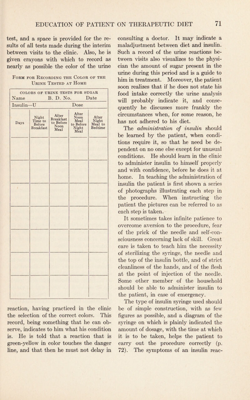 test, and a space is provided for the re¬ sults of all tests made during the interim between visits to the clinic. Also, he is given crayons with which to record as nearly as possible the color of the urine Form for Recording the Color of the Urine Tested at Home COLORS OF URINE TESTS FOR SUGAR Name B. D. No. Date Insulin—U Dose Days Night Time to Before Breakfast After Breakfast to Before Noon Meal After Noon Meal to Before Night Meal After Night Meal to Bedtime reaction, having practiced in the clinic the selection of the correct colors. This record, being something that he can ob¬ serve, indicates to him what his condition is. He is told that a reaction that is green-yellow in color touches the danger line, and that then he must not delay in consulting a doctor. It may indicate a maladjustment between diet and insulin. Such a record of the urine reactions be¬ tween visits also visualizes to the physi¬ cian the amount of sugar present in the urine during this period and is a guide to him in treatment. Moreover, the patient soon realizes that if he does not state his food intake correctly the urine analysis will probably indicate it, and conse¬ quently he discusses more frankly the circumstances when, for some reason, he has not adhered to his diet. The administration of insulin should be learned by the patient, when condi¬ tions require it, so that he need be de¬ pendent on no one else except for unusual conditions. He should learn in the clinic to administer insulin to himself properly and with confidence, before he does it at home. In teaching the administration of insulin the patient is first shown a series of photographs illustrating each step in the procedure. When instructing the patient the pictures can be referred to as each step is taken. It sometimes takes infinite patience to overcome aversion to the procedure, fear of the prick of the needle and self-con¬ sciousness concerning lack of skill. Great care is taken to teach him the necessity of sterilizing the syringe, the needle and the top of the insulin bottle, and of strict cleanliness of the hands, and of the flesh at the point of injection of the needle. Some other member of the household should be able to administer insulin to the patient, in case of emergency. The type of insulin syringe used should be of simple construction, with as few figures as possible, and a diagram of the syringe on which is plainly indicated the amount of dosage, with the time at which it is to be taken, helps the patient to carry out the procedure correctly (p. 72). The symptoms of an insulin reac-