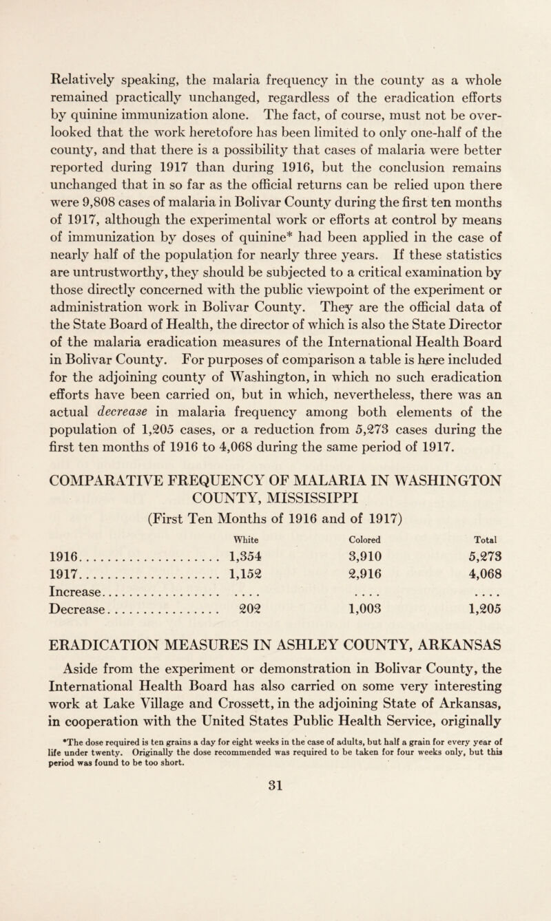Relatively speaking, the malaria frequency in the county as a whole remained practically unchanged, regardless of the eradication efforts by quinine immunization alone. The fact, of course, must not be over¬ looked that the work heretofore has been limited to only one-half of the county, and that there is a possibility that cases of malaria were better reported during 1917 than during 1916, but the conclusion remains unchanged that in so far as the official returns can be relied upon there were 9,808 cases of malaria in Bolivar County during the first ten months of 1917, although the experimental work or efforts at control by means of immunization by doses of quinine* had been applied in the case of nearly half of the population for nearly three years. If these statistics are untrustworthy, they should be subjected to a critical examination by those directly concerned with the public viewpoint of the experiment or administration work in Bolivar County. They are the official data of the State Board of Health, the director of which is also the State Director of the malaria eradication measures of the International Health Board in Bolivar County. For purposes of comparison a table is here included for the adjoining county of Washington, in which no such eradication efforts have been carried on, but in which, nevertheless, there was an actual decrease in malaria frequency among both elements of the population of 1,205 cases, or a reduction from 5,273 cases during the first ten months of 1916 to 4,068 during the same period of 1917. COMPARATIVE FREQUENCY OF MALARIA IN WASHINGTON COUNTY, MISSISSIPPI (First Ten Months of 1916 and of 1917) White Colored Total 1916 . 1,354 3,910 5,273 1917 . 1,152 2,916 4,068 Increase. .... Decrease. 202 1,003 1,205 ERADICATION MEASURES IN ASHLEY COUNTY, ARKANSAS Aside from the experiment or demonstration in Bolivar County, the International Health Board has also carried on some very interesting work at Lake Village and Crossett, in the adjoining State of Arkansas, in cooperation with the United States Public Health Service, originally *The dose required is ten grains a day for eight weeks in the case of adults, but half a grain for every year of life under twenty. Originally the dose recommended was required to be taken for four weeks only, but this period was found to be too short.