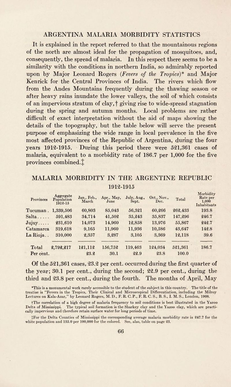 ARGENTINA MALARIA MORBIDITY STATISTICS It is explained in the report referred to that the mountainous regions of the north are almost ideal for the propagation of mosquitoes, and, consequently, the spread of malaria. In this respect there seems to be a similarity with the conditions in northern India, so admirably reported upon by Major Leonard Rogers (.Fevers of the Tropics)* and Major Ken rick for the Central Provinces of India. The rivers which flow from the Andes Mountains frequently during the thawing season or after heavy rains inundate the lower valleys, the soil of which consists of an impervious stratum of clay, f giving rise to wide-spread stagnation during the spring and autumn months. Local problems are rather difficult of exact interpretation without the aid of maps showing the details of the topography, but the table below will serve the present purpose of emphasizing the wide range in local prevalence in the five most affected provinces of the Republic of Argentina, during the four years 1912-1915. During this period there were 521,361 cases of malaria, equivalent to a morbidity rate of 186.7 per 1,000 for the five provinces combined. J MALARIA MORBIDITY IN THE ARGENTINE REPUBLIC 1912-1915 Provinces Aggregate Population 1912-15 Jan., Feb., March Apr., May, June July, Aug., Sept. Oct., Nov., Dec. Total Morbidity Rate per 1,000 Inhabitants Tucuman . 1,339,506 60,803 85,043 56,321 60,266 262,433 193.8 Salta. 591,483 34,714 41,502 35,243 35,837 147,296 246.7 Jujuy. 231,610 14,073 14,960 12,858 13,976 55,867 242.7 Catamarca 319,618 9,165 11,960 11,936 10,586 43,647 142.8 La Rioja.. 310,000 2,357 3,287 3,105 3,369 12,118 39.6 Total Per cent. 2,792,217 121,112 23.2 156,752 30.1 119,463 22.9 124,034 23.8 521,361 100.0 186.7 Of the 521,361 cases, 23.2 per cent, occurred during the first quarter of the year; 30.1 per cent., during the second; 22.9 per cent., during the third and 23.8 per cent., during the fourth. The months of April, May *This is a monumental work rarely accessible to the student of the subject in this country. The title of the treatise is “Fevers in the Tropics, Their Clinical and Microscopical Differentiation, including the Milroy Lectures on Kala-Azar,” by Leonard Rogers, M. D., F. R. C. P., F. R. C. S., B. S., I. M. S., London, 1908. fThe correlation of a high degree of malaria frequency to soil conditions is best illustrated in the Yazoo Delta of Mississippi. The typical soil formation is the Sharkey clay and the Yazoo clay, which are practi¬ cally impervious and therefore retain surface water for long periods of time. JFor the Delta Counties of Mississippi the corresponding average malaria morbidity rate is 247.7 for the white population and 135.0 per 100,000 for the colored. See, also, table on page 23.