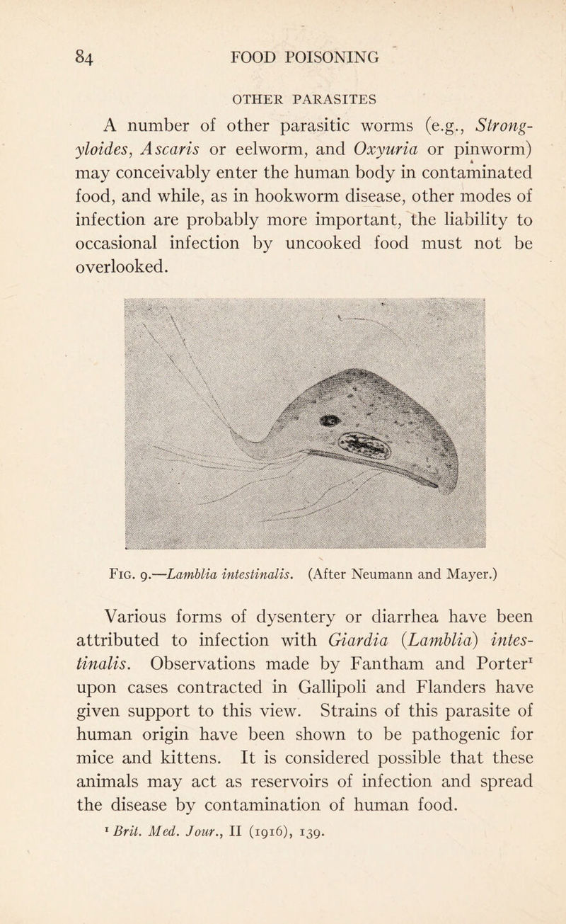 OTHER PARASITES A number of other parasitic worms (e.g., Strong- yloides, Ascaris or eelworm, and Oxyuria or pinworm) may conceivably enter the human body in contaminated food, and while, as in hookworm disease, other modes of infection are probably more important, the liability to occasional infection by uncooked food must not be overlooked. Fig. 9.—Lamblia intestinalis. (After Neumann and Mayer.) Various forms of dysentery or diarrhea have been attributed to infection with Giardia {Lamblia) intes¬ tinalis. Observations made by Fantham and Porter1 upon cases contracted in Gallipoli and Flanders have given support to this view. Strains of this parasite of human origin have been shown to be pathogenic for mice and kittens. It is considered possible that these animals may act as reservoirs of infection and spread the disease by contamination of human food. 1 Brit. Med. Jour., II (1916), 139.