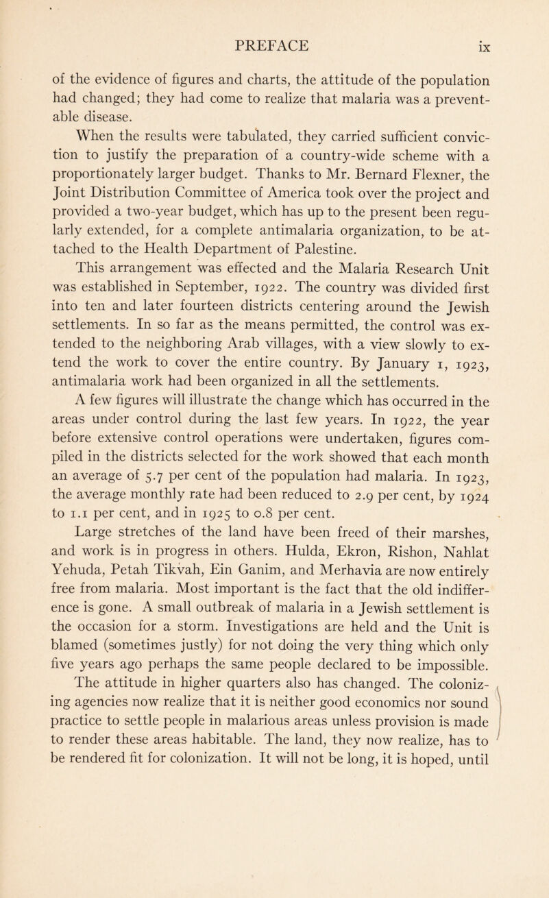 of the evidence of figures and charts, the attitude of the population had changed; they had come to realize that malaria was a prevent¬ able disease. When the results were tabulated, they carried sufficient convic¬ tion to justify the preparation of a country-wide scheme with a proportionately larger budget. Thanks to Mr. Bernard Flexner, the Joint Distribution Committee of America took over the project and provided a two-year budget, which has up to the present been regu¬ larly extended, for a complete antimalaria organization, to be at¬ tached to the Health Department of Palestine. This arrangement was effected and the Malaria Research Unit was established in September, 1922. The country was divided first into ten and later fourteen districts centering around the Jewish settlements. In so far as the means permitted, the control was ex¬ tended to the neighboring Arab villages, with a view slowly to ex¬ tend the work to cover the entire country. By January 1, 1923, antimalaria work had been organized in all the settlements. A few figures will illustrate the change which has occurred in the areas under control during the last few years. In 1922, the year before extensive control operations were undertaken, figures com¬ piled in the districts selected for the work showed that each month an average of 5.7 per cent of the population had malaria. In 1923, the average monthly rate had been reduced to 2.9 per cent, by 1924 to 1.1 per cent, and in 1925 to 0.8 per cent. Large stretches of the land have been freed of their marshes, and work is in progress in others. Hulda, Ekron, Rishon, Nahlat Yehuda, Petah Tikvah, Ein Ganim, and Merhavia are now entirely free from malaria. Most important is the fact that the old indiffer¬ ence is gone. A small outbreak of malaria in a Jewish settlement is the occasion for a storm. Investigations are held and the Unit is blamed (sometimes justly) for not doing the very thing which only five years ago perhaps the same people declared to be impossible. The attitude in higher quarters also has changed. The coloniz¬ ing agencies now realize that it is neither good economics nor sound practice to settle people in malarious areas unless provision is made to render these areas habitable. The land, they now realize, has to be rendered fit for colonization. It will not be long, it is hoped, until