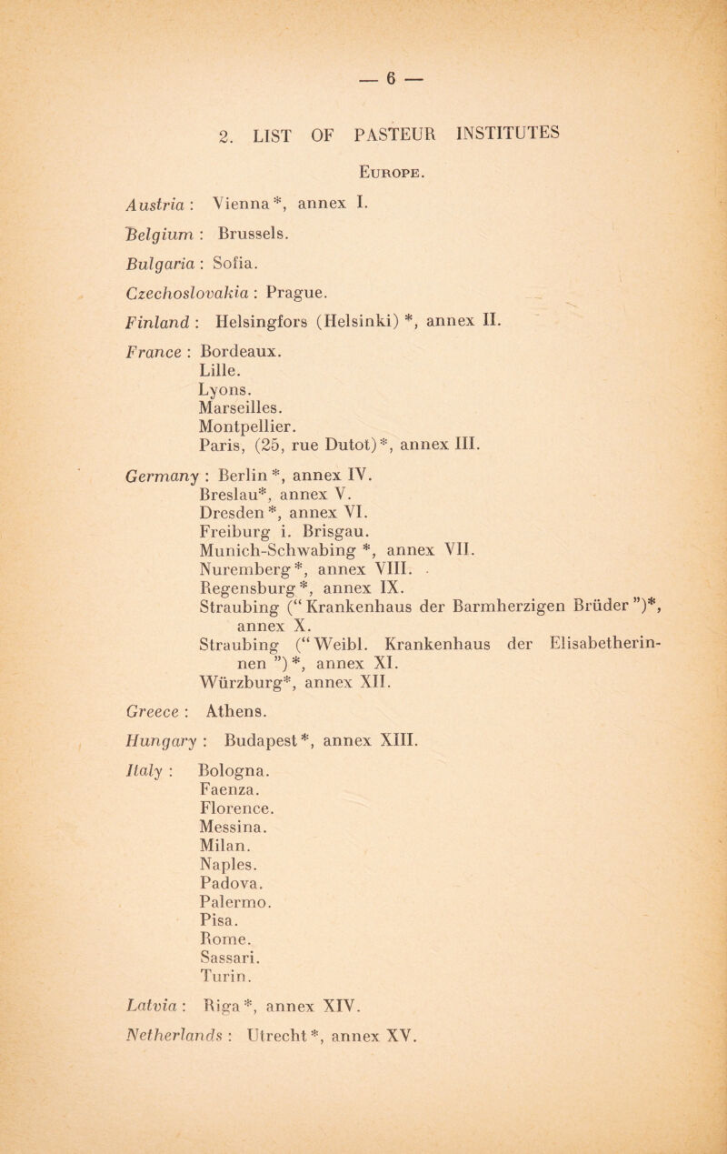 2. LIST OF PASTEUR INSTITUTES Europe. Austria: Vienna*, annex I. 'Belgium : Brussels. Bulgaria : Sofia. Czechoslovakia : Prague. Finland : Helsingfors (Helsinki) *, annex II. France : Bordeaux. Lille. Lyons. Marseilles. Montpellier. Paris, (25, rue Dutot)*, annex III. Germany : Berlin*, annex IV. Breslau*, annex V. Dresden*, annex VI. Freiburg i. Brisgau. Munich-Schwabing *, annex VII. Nuremberg*, annex VIII. . Regensburg *, annex IX. Straubing (“ Krankenhaus der Barmherzigen Briider ”)*, annex X. Straubing (“Weibl. Krankenhaus der Elisabetherin- nen ”) *, annex XL Wurzburg*, annex XII. Greece : Athens. Ftungary : Budapest*, annex XIII. Italy : Bologna. Faenza. Florence. Messina. Milan. Naples. Padova. Palermo. Pisa. Rome. Sassari. Turin. Latvia: Riga*, annex XIV. Netherlands : Utrecht*, annex XV.