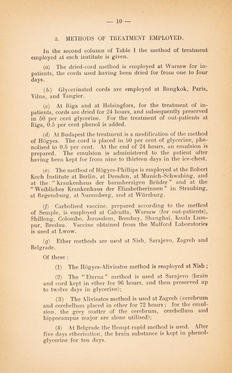 3. METHODS OF TREATMENT EMPLOYED. In the second column of Table I the method of treatment employed at each institute is given. (а) The dried-cord method is employed at Warsaw for in¬ patients, the cords used having been dried for from one to four days. (б) Glycerinated cords are employed at Bangkok, Paris, Yilna, and Tangier. (c) At Riga and at Helsingfors, for the treatment of in¬ patients, cords are dried for 24 hours, and subsequently preserved in 50 per cent glycerine. For the treatment of out-patients at Riga, 0.5 per cent phenol is added. (d) At Budapest the treatment is a modification of the method of Hogyes. The cord is placed in 50 per cent of glycerine, phe- nolised to 0.5 per cent. At the end of 24 hours, an emulsion is prepared. The emulsion is administered to the patient after having been kept for from nine to thirteen days in the ice-chest. The method of Hogyes-Phillips is employed at the Robert Koch Institute at Berlin, at Dresden, at Munich-Schwabing, and at the “ Krankenhaus der barmherzigen Briider ” and at the “Weibliches Krankenhaus der Elizabetherinnen ” in Straubing, at Regensburg, at Nuremberg, and at Wurzburg. (/) Garbolised vaccine, prepared according to the method of Semple, is employed at Calcutta, Warsaw (for out-patients), Shillong, Colombo, Jerusalem, Bombay, Shanghai, Kuala Lum¬ pur, Breslau. Vaccine obtained from the Mulford Laboratories is used at Lwow. (g) Ether methods are used at Nish, Sarajevo, Zagreb and Belgrade. Of these : (1) The Hogyes-Alivisatos method is employed at Nish ; (2) The “Eterna” method is used at Sarajevo (brain and cord kept in ether for 96 hours, and then preserved up to twelve days in glycerine); (3) The Alivisatos method is used at Zagreb (cerebrum and cerebellum placed in ether for T2 hours ; for the emul¬ sion, the grey matter of the cerebrum, cerebellum and hippocampus major are alone utilised); (4) At Belgrade the Flempt rapid method is used. After five days etherisation, the brain substance is kept in phenol- glycerine for ten days.