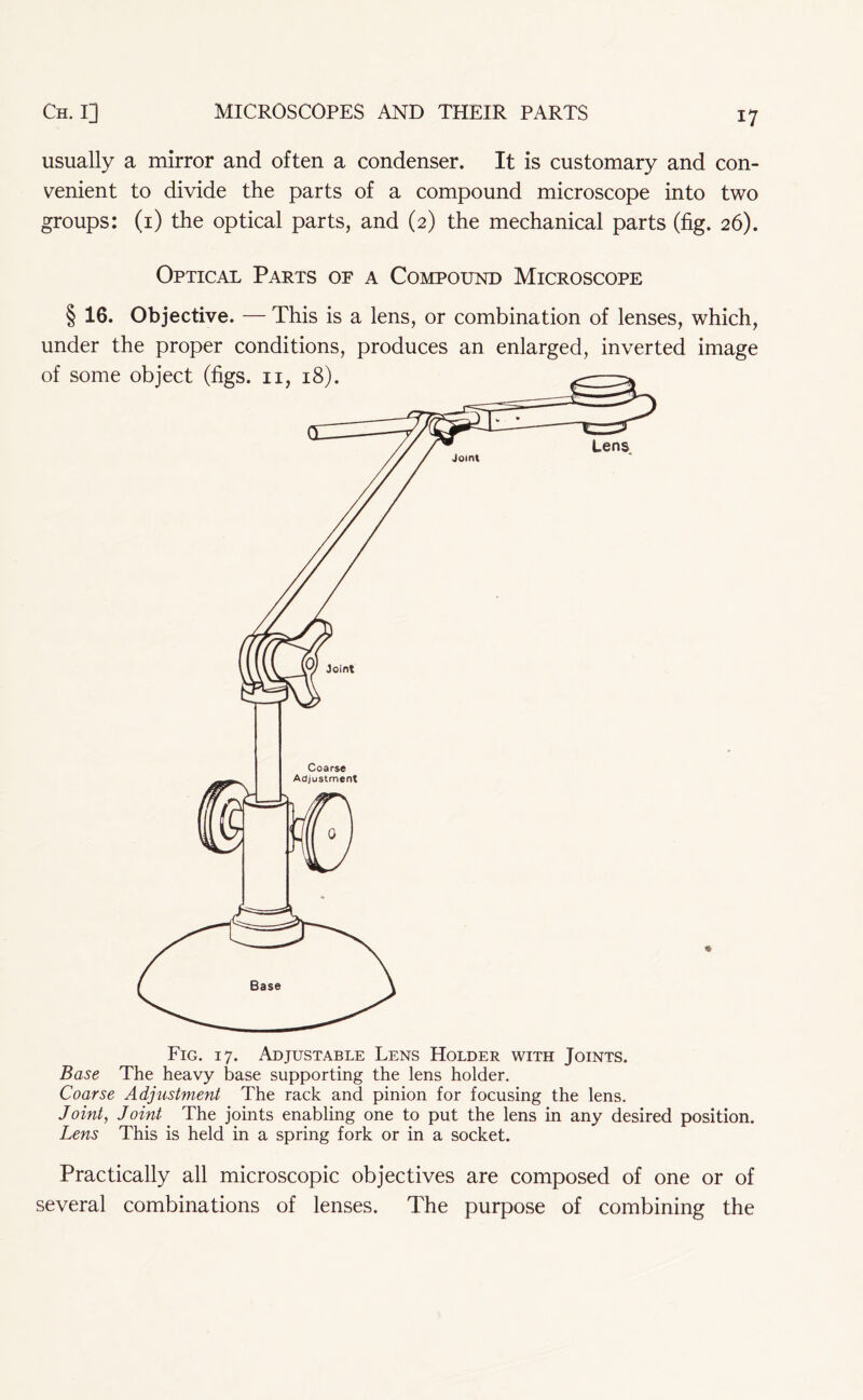 usually a mirror and often a condenser. It is customary and con- venient to divide the parts of a compound microscope into two groups: (1) the optical parts, and (2) the mechanical parts (fig. 26). Optical Parts of a Compound Microscope § 16. Objective. — This is a lens, or combination of lenses, which, under the proper conditions, produces an enlarged, inverted image Coarse Adjustment The rack and pinion for focusing the lens. Joint, Joint The joints enabling one to put the lens in any desired position. Lens This is held in a spring fork or in a socket. Practically all microscopic objectives are composed of one or of several combinations of lenses. The purpose of combining the