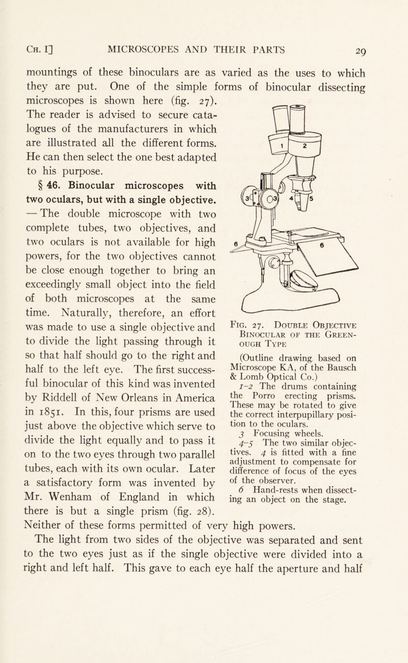 mountings of these binoculars are as varied as the uses to which they are put. One of the simple forms of binocular dissecting microscopes is shown here (fig. 27). The reader is advised to secure cata- logues of the manufacturers in which are illustrated all the different forms. He can then select the one best adapted to his purpose. § 46. Binocular microscopes with two oculars, but with a single objective. — The double microscope with two complete tubes, two objectives, and two oculars is not available for high powers, for the two objectives cannot be close enough together to bring an exceedingly small object into the field of both microscopes at the same time. Naturally, therefore, an effort was made to use a single objective and to divide the light passing through it so that half should go to the right and half to the left eye. The first success- ful binocular of this kind was invented by Riddell of New Orleans in America in 1851. In this, four prisms are used just above the objective which serve to divide the light equally and to pass it on to the two eyes through two parallel tubes, each with its own ocular. Later a satisfactory form was invented by Mr. Wenham of England in which there is but a single prism (fig. 28). Neither of these forms permitted of very high powers. The light from two sides of the objective was separated and sent to the two eyes just as if the single objective were divided into a right and left half. This gave to each eye half the aperture and half Fig. 27. Double Objective Binocular of the Green- ough Type (Outline drawing based on Microscope KA, of the Bausch & Lomb Optical Co.) 1-2 The drums containing the Porro erecting prisms. These may be rotated to give the correct interpupillary posi- tion to the oculars. 3 Focusing wheels. 4-5 The two similar objec- tives. 4 is fitted with a fine adjustment to compensate for difference of focus of the eyes of the observer. 6 Hand-rests when dissect- ing an object on the stage.