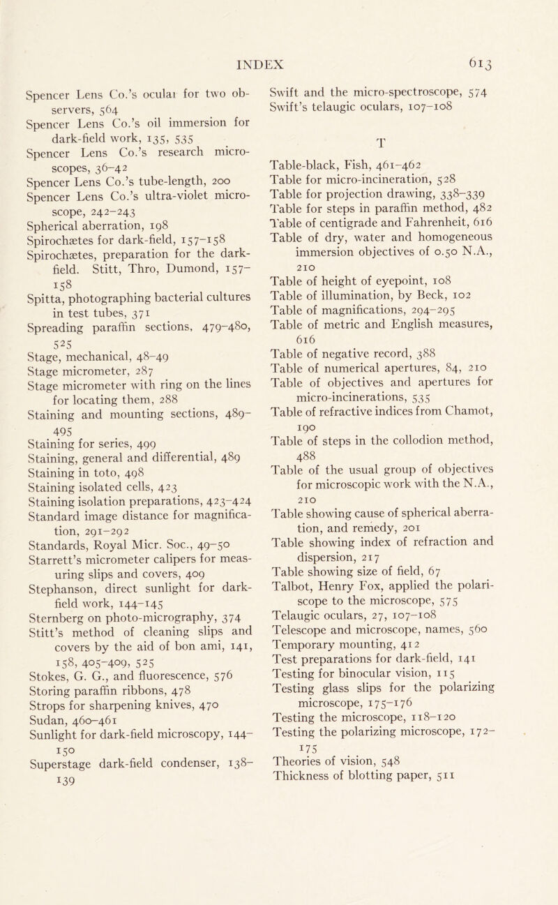 Spencer Lens Co.’s ocular for two ob- servers, 564 Spencer Lens Co.’s oil immersion for dark-field work, 135, 535 Spencer Lens Co.’s research micro- scopes, 36-42 Spencer Lens Co.’s tube-length, 200 Spencer Lens Co.’s ultra-violet micro- scope, 242-243 Spherical aberration, 198 Spirochsetes for dark-field, 157-158 Spirochsetes, preparation for the dark- field. Stitt, Thro, Dumond, 157- 158 Spitta, photographing bacterial cultures in test tubes, 371 Spreading paraffin sections, 479-480, 525 Stage, mechanical, 48-49 Stage micrometer, 287 Stage micrometer with ring on the lines for locating them, 288 Staining and mounting sections, 489- . 4.95 Staining for series, 499 Staining, general and differential, 489 Staining in toto, 498 Staining isolated cells, 423 Staining isolation preparations, 423-424 Standard image distance for magnifica- tion, 291-292 Standards, Royal Micr. Soc., 49-50 Starrett’s micrometer calipers for meas- uring slips and covers, 409 Stephanson, direct sunlight for dark- field work, 144-145 Sternberg on photo-micrography, 374 Stitt’s method of cleaning slips and covers by the aid of bon ami, 141, 158, 405-409, 525 Stokes, G. G., and fluorescence, 576 Storing paraffin ribbons, 478 Strops for sharpening knives, 470 Sudan,460-461 Sunlight for dark-field microscopy, 144- 150 Superstage dark-field condenser, 138- 139 Swift and the micro-spectroscope, 574 Swift’s telaugic oculars, 107-108 T Table-black, Lish, 461-462 Table for micro-incineration, 528 Table for projection drawing, 338-339 Table for steps in paraffin method, 482 Table of centigrade and Lahrenheit, 616 Table of dry, water and homogeneous immersion objectives of 0.50 N.A., 210 Table of height of eyepoint, 108 Table of illumination, by Beck, 102 Table of magnifications, 294-295 Table of metric and English measures, 616 Table of negative record, 388 Table of numerical apertures, 84, 210 Table of objectives and apertures for micro-incinerations, 535 Table of refractive indices from Chamot, 190 Table of steps in the collodion method, 488 Table of the usual group of objectives for microscopic work with the N. A., 210 Table showing cause of spherical aberra- tion, and remedy, 201 Table showing index of refraction and dispersion, 217 Table showing size of field, 67 Talbot, Henry Lox, applied the polari- scope to the microscope, 575 Telaugic oculars, 27, 107-108 Telescope and microscope, names, 560 Temporary mounting, 412 Test preparations for dark-field, 141 Testing for binocular vision, 115 Testing glass slips for the polarizing microscope, 175-176 Testing the microscope, 118-120 Testing the polarizing microscope, 172- 175 Theories of vision, 548 Thickness of blotting paper, 511