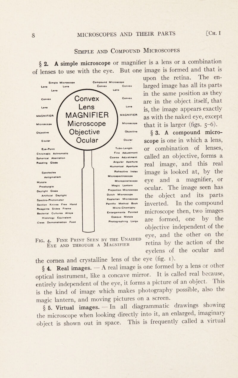 Simple and Compound Microscopes Simple Microeeope Lene Lone Lent Compound Microscope Convex Convex Lens Convex Lene MAGNIFIER Microscope Objective 0 culer Convex Lens MAGNIFIER Microscope Objective Ocular Convex MAGNIFIER Microscope Objective Ocular § 2. A simple microscope or magnifier is a lens or a combination of lenses to use with the eye. But one image is formed and that is upon the retina. The en- larged image has all its parts in the same position as they are in the object itself, that is, the image appears exactly as with the naked eye, except that it is larger (figs. 5-6). § 3. A compound micro- scope is one in which a lens, or combination of lenses, called an objective, forms a real image, and this real image is looked at, by the eye and a magnifier, or ocular. The image seen has the object and its parts inverted. In the compound microscope then, two images are formed, one by the objective independent of the eye, and the other on the Fig. 4. Fine Print Seen by the Unaided iFp Eye and through a Magnifier retina by the action of the evelens of the ocular and Ey*-Polnt Chromatic Achromatic Spherical Aberration Reading Glaaa Spectaclea Astigmatism Myopia Presbyopia Daylight Glass Artificial Daylight Spectro-Photometer Section Knives Free Hand Reagents Slides Frame Bacterial Cultures Alloys Histology Equivalent Class Demonstration Food Tube-Length Fine Adjustment Coarse Adjustment Angular Aperture Numerical Aperture Refractive Index Microspectroscope Micropolari scope Magic Lantern Projection Microscope Dutch Microscope Kaplerlan Microscope Parrlfln Method Book MIcro-Chemlatry Enlargements Pointed Opaque Metals Photographing Large the cornea and crystalline lens of the eye (fig. i). § 4. Real images. — A real image is one formed by a lens or other optical instrument, like a concave mirror. It is called real because, entirely independent of the eye, it forms a picture of an object. This is the kind of image which makes photography possible, also the magic lantern, and moving pictures on a screen. § 5. Virtual images. — In all diagrammatic drawings^ showing the microscope when looking directly into it, an enlarged, imaginary object is shown out in space. This is frequently called a virtual