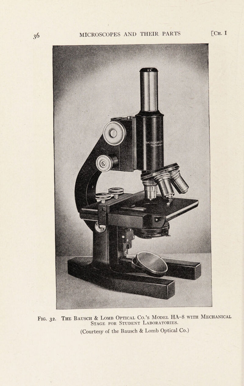 3^ Fig. 32. The Bausch & Lome Optical Co.’s Model HA-8 with Mechanical Stage for Student Laboratories. (Courtesy of the Bausch & Lomb Optical Co.)