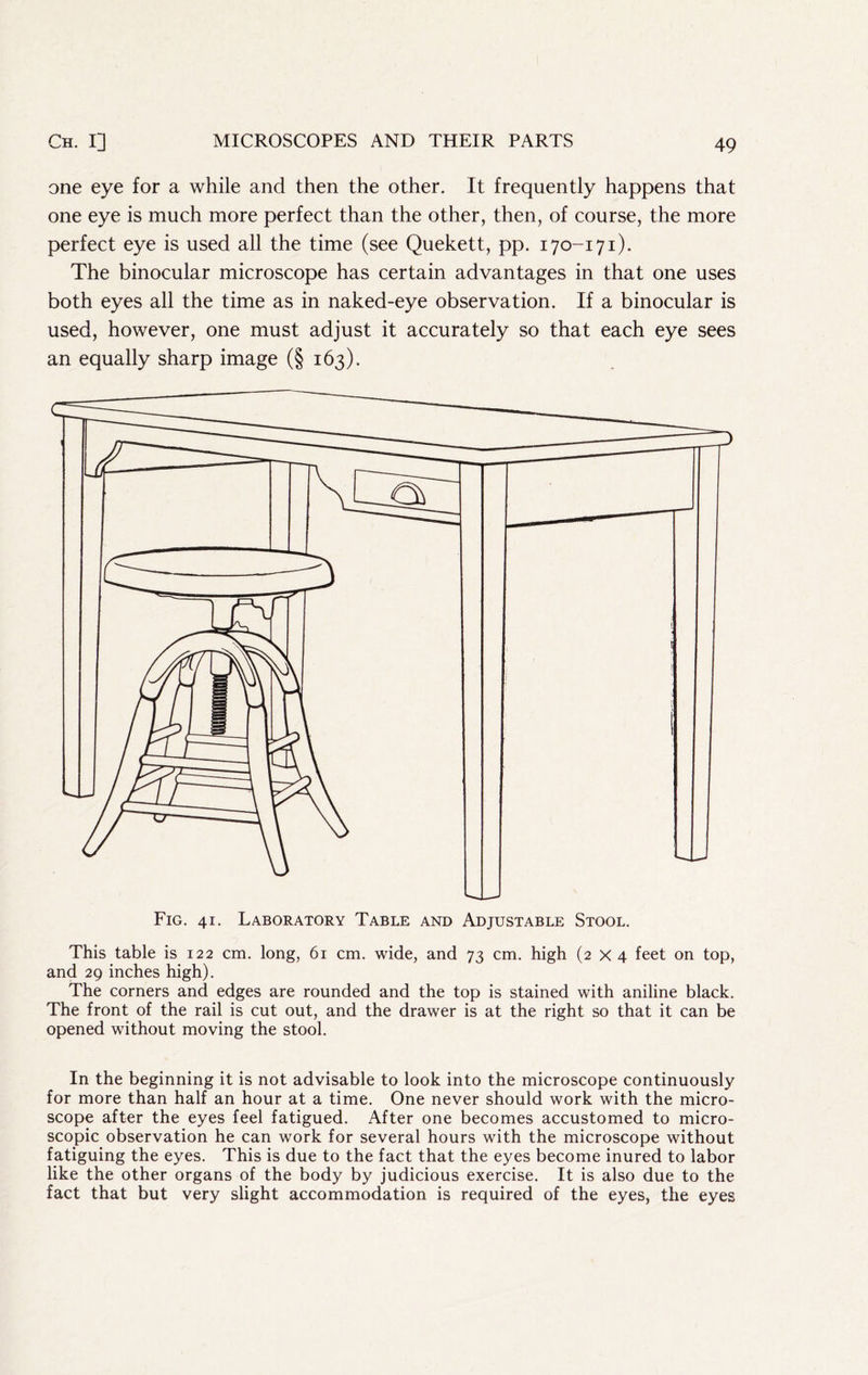 one eye for a while and then the other. It frequently happens that one eye is much more perfect than the other, then, of course, the more perfect eye is used all the time (see Quekett, pp. 170-171). The binocular microscope has certain advantages in that one uses both eyes all the time as in naked-eye observation. If a binocular is used, however, one must adjust it accurately so that each eye sees an equally sharp image (§163). This table is 122 cm. long, 61 cm. wide, and 73 cm. high (2x4 feet on top, and 29 inches high). The corners and edges are rounded and the top is stained with aniline black. The front of the rail is cut out, and the drawer is at the right so that it can be opened without moving the stool. In the beginning it is not advisable to look into the microscope continuously for more than half an hour at a time. One never should work with the micro- scope after the eyes feel fatigued. After one becomes accustomed to micro- scopic observation he can work for several hours with the microscope without fatiguing the eyes. This is due to the fact that the eyes become inured to labor like the other organs of the body by judicious exercise. It is also due to the fact that but very slight accommodation is required of the eyes, the eyes