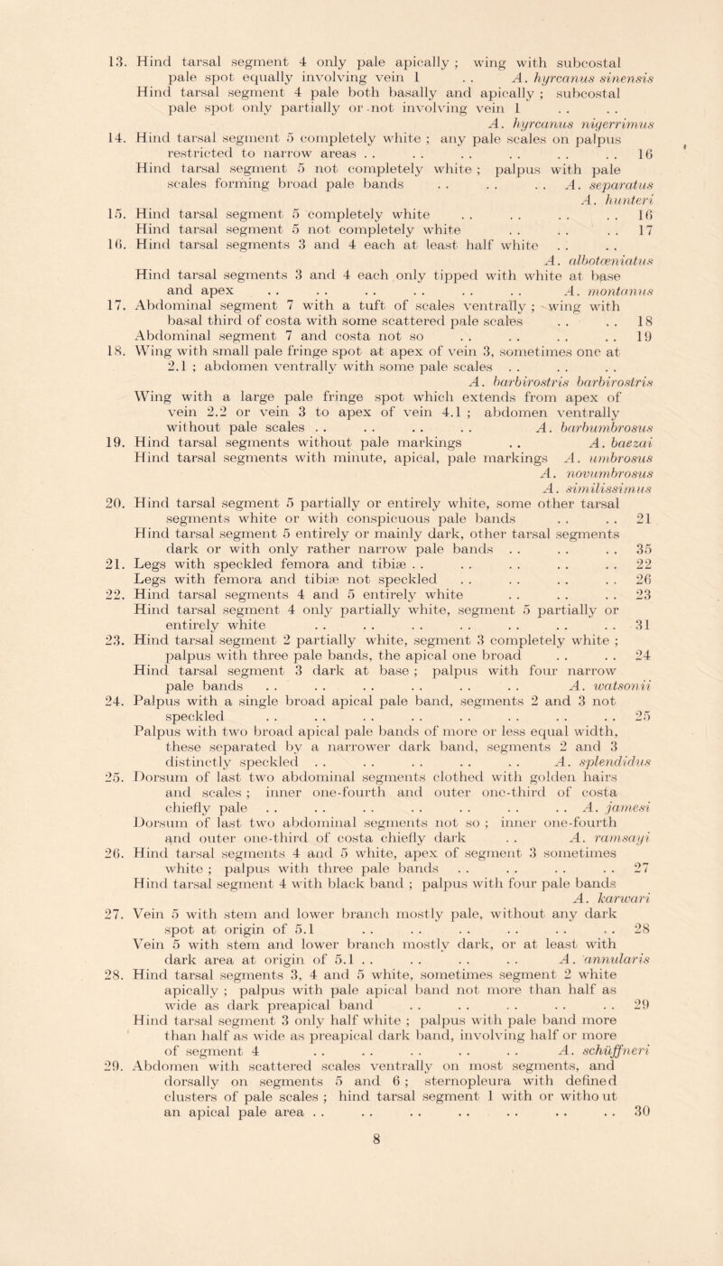13. Hind tarsal segment 4 only pale apically ; wing with subcostal pale spot equally involving vein 1 . . A. hyrcanus sinensis Hind tarsal segment 4 pale both basally and apically ; subcostal pale spot only partially or -not involving vein 1 A. hyrcanus niyerrimus 14. Hind tarsal segment 5 completely white ; any pale scales on palpus restricted to narrow areas . . . . . . . . . . . . 16 Hind tarsal segment 5 not completely white ; palpus with pale scales forming broad pale bands . . . . . . A. separatus A. hunteri 15. Hind tarsal segment 5 completely white . . . . . . . . 16 Hind tarsal segment 5 not completely white . . . . . . 17 16. Hind tarsal segments 3 and 4 each at least half white A. albotceniatus Hind tarsal segments 3 and 4 each only tipped with white at base and apex . . . . . . . . . . . . A. montanus 17. Abdominal segment 7 with a tuft of scales ventrally ; wing with basal third of costa with some scattered pale scales . . . . 18 Abdominal segment 7 and costa not so . . . . . . 19 18. Wing with small pale fringe spot at apex of vein 3, sometimes one at 2.1 ; abdomen ventrally with some pale scales A. barbirostris barbirostris Wing with a large pale fringe spot which extends from apex of vein 2.2 or vein 3 to apex of vein 4.1 ; abdomen ventrally without pale scales . . . . . . . . A. barbumbrosus 19. Hind tarsal segments without pale markings . . A. baezai Hind tarsal segments with minute, apical, pale markings A. umbrosus A. novumbrosus A. similissimus 20. Hind tarsal segment 5 partially or entirely white, some other tarsal segments white or with conspicuous pale bands . . . . 21 Hind tarsal segment 5 entirely or mainly dark, other tarsal segments dark or with only rather narrow pale bands . . . . 35 21. Legs with speckled femora and tibiae . . . . . . . . 22 Legs with femora and tibiae not speckled . . . . . . . . 26 22. Hind tarsal segments 4 and 5 entirely white . . . . 23 Hind tarsal segment 4 only partially white, segment 5 partially or entirely white . . . . . . . . . . . . 31 23. Hind tarsal segment 2 partially white, segment 3 completely white ; palpus with three pale bands, the apical one broad . . . . 24 Hind tarsal segment 3 dark at base ; palpus with four narrow pale bands . . . . . . . . . . . . A. watsonii 24. Palpus with a single broad apical pale band, segments 2 and 3 not speckled . . . . . . . . . . . . . . 25 Palpus with two broad apical pale bands of more or less equal width, these separated by a narrower dark band, segments 2 and 3 distinctly speckled . . . . . . . . . . A. splendidus 25. Dorsum of last two abdominal segments clothed with golden hairs and scales ; inner one-fourth and outer one-third of costa chiefly pale . . . . . . . . . . . . . . A. jamesi Dorsum of last two abdominal segments not so ; inner one-fourth and outer one-third of costa chiefly dark . . A. rarnsayi 26. Hind tarsal segments 4 and 5 wdiite, apex of segment 3 sometimes white ; palpus with three pale bands . . . . . . . . 27 Hind tarsal segment 4 with black band ; palpus with four pale bands A. karwari 27. Vein 5 with stem and lower branch mostly pale, without any dark spot at origin of 5.1 . . . . . . . . . . 28 Vein 5 with stem and lower branch mostly dark, or at least with dark area at origin of 5.1 . . . . . . . . A . annularis 28. Hind tarsal segments 3, 4 and 5 white, sometimes segment 2 white apically ; palpus with pale apical band not more than half as wide as dark preapical band . . . . . . . . 29 Hind tarsal segment 3 only half white ; palpus with pale band more than half as wide as preapical dark band, involving half or more of segment 4 . . . . . . . . . . A. schuffneri 29. Abdomen with scattered scales ventrally on most segments, and dorsally on segments 5 and 6 ; sternopleura with defined clusters of pale scales ; hind tarsal segment 1 with or witho ut an apical pale area . . . . . . . . . . . . . . 30