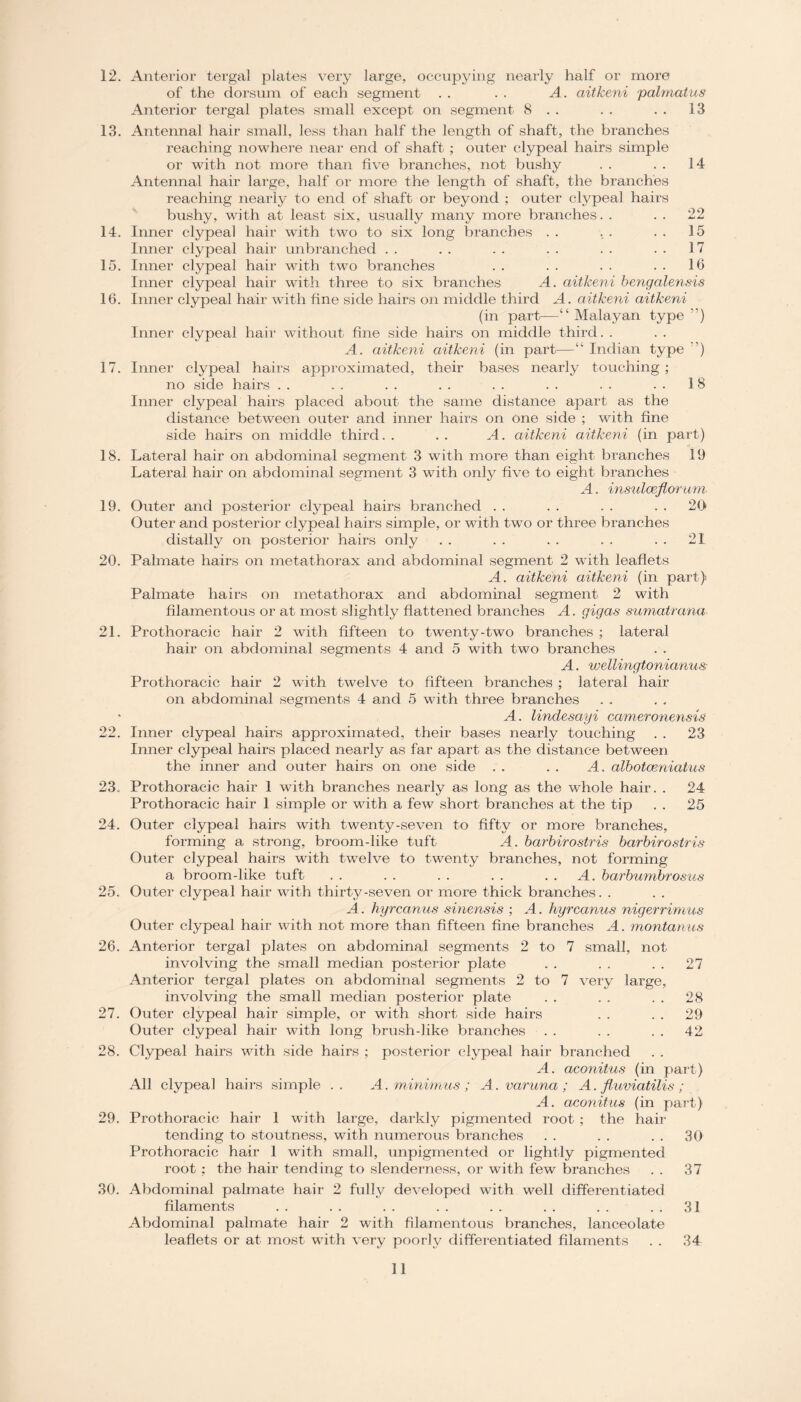 12. Anterior tergal plates very large, occupying nearly half or more of the dorsum of each segment . . . . A. aitkeni palmatus Anterior tergal plates small except on segment 8 . . . . . . 13 13. Antennal hair small, less than half the length of shaft, the branches reaching nowhere near end of shaft ; outer clypeal hairs simple or with not more than five branches, not bushy . . . . 14 Antennal hair large, half or more the length of shaft, the branches reaching nearly to end of shaft or beyond ; outer clypeal hairs bushy, with at least six, usually many more branches. . 22 14. Inner clypeal hair with two to six long branches . . . . . . 15 Inner clypeal hair unbranched . . . . . . . . . . . . 17 15. Inner clypeal hair with two branches . . . . . . . . 16 Inner clypeal hair with three to six branches A. aitkeni bengalensis 16. Inner clypeal hair with fine side hairs on middle third A. aitkeni aitkeni (in part—“Malayan type ”) Inner clypeal hair without fine side hairs on middle third. . . . A. aitkeni aitkeni (in part—“ Indian type ”) 17. Inner clypeal hairs approximated, their bases nearly touching; no side hairs . . . . . . . . . . . . . . ..18 Inner clypeal hairs placed about the same distance apart as the distance between outer and inner hairs on one side ; with fine side hairs on middle third.. .. A. aitkeni aitkeni (in part) 18. Lateral hair on abdominal segment 3 with more than eight branches 19 Lateral hair on abdominal segment 3 with only five to eight branches A. insulcefior urn 19. Outer and posterior clypeal hairs branched . . . . . . 20 Outer and posterior clypeal hairs simple, or with two or three branches distally on posterior hairs only . . . . . . . . 21 20. Palmate hairs on metathorax and abdominal segment 2 with leaflets A. aitkeni aitkeni (in part) Palmate hairs on metathorax and abdominal segment 2 with filamentous or at most slightly flattened branches A. gigas sumatrana 21. Prothoracic hair 2 with fifteen to twenty-two branches ; lateral hair on abdominal segments 4 and 5 with two branches A. wellingtonianus- Prothoracic hair 2 with twelve to fifteen branches ; lateral hair on abdominal segments 4 and 5 with three branches A. lindesayi earner onensis 22. Inner clypeal hairs approximated, their bases nearly touching . . 23 Inner clypeal hairs placed nearly as far apart as the distance between the inner and outer hairs on one side . . . . A. albotceniatus 23c Prothoracic hair 1 with branches nearly as long as the whole hair. . 24 Prothoracic hair 1 simple or with a few short branches at the tip . . 25 24. Outer clypeal hairs with twenty-seven to fifty or more branches, forming a strong, broom-like tuft A. barbirostris barbirostris Outer clypeal hairs with twelve to twenty branches, not forming a broom-like tuft . . . . . . . . A. barbumbrosus 25. Outer clypeal hair with thirty-seven or more thick branches. . A. hyreanus sinensis ; A. liyreanus nigerrimus Outer clypeal hair with not more than fifteen fine branches A. montanus 26. Anterior tergal plates on abdominal segments 2 to 7 small, not involving the small median posterior plate . . . . 27 Anterior tergal plates on abdominal segments 2 to 7 very large, involving the small median posterior plate . . . . . . 28 27. Outer clypeal hair simple, or with short side hairs . . . . 29 Outer clypeal hair with long brush-like branches . . . . 42 28. Clypeal hairs with side hairs ; posterior clypeal hair branched A. aconitus (in part) All clypeal hairs simple .. A. minimus; A. varuna ; A. fluviatilis ; A. aeonitus (in part) 29. Prothoracic hair 1 with large, darkly pigmented root ; the hair tending to stoutness, with numerous branches . . . . . . 30 Prothoracic hair 1 with small, unpigmented or lightly pigmented root : the hair tending to slenderness, or with few branches . . 37 30. Abdominal palmate hair 2 fully developed with well differentiated filaments . . . . . . . . . . . . . . 31 Abdominal palmate hair 2 with filamentous branches, lanceolate leaflets or at most with very poorly differentiated filaments . . 34