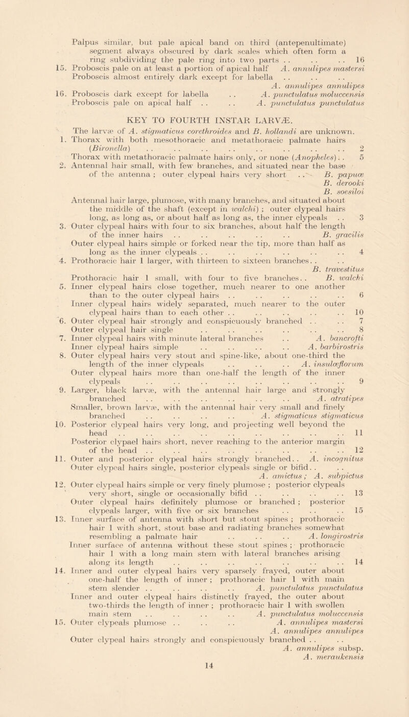 Palpus similar, but pale apical band on third (antepenultimate) segment always obscured by dark scales which often form a ring subdividing the pale ring into two parts . . . . . . 16 15. Proboscis pale on at least a portion of apical half A. annulipes master si Proboscis almost entirely dark except for labella A . annulipes annulipes 16. Proboscis dark except for labella .. A. punctulatus moluecensis Proboscis pale on apical half . . . . A. punctulatus punctulatus KEY TO FOURTH IX STAR EAR VHP The larvae of A. stigmaticus corethroides and B. hollandi are unknown. 1. Thorax with both mesothoracic and metathoracic palmate hairs (Bironella) . . . . . . . . . . . . . . . . 2 Thorax with metathoracic palmate hairs only, or none (Anopheles).,. 5 2. Antennal hair small, with few branches, and situated near the base ■ of the antenna; outer clypeal hairs very short . B. papuce B. derooki B. soesiloi Antennal hair large, plumose, with many branches, and situated about the middle of the shaft (except in walchi) ; outer clypeal hairs long, as long as, or about half as long as, the inner clypeals . . 3 3. Outer clypeal hairs with four to six branches, about half the length of the inner hairs . . . . . . . . . . B. gracilis Outer clypeal hairs simple or forked near the tip, more than half as long as the inner clypeals . . . . . . . . . . . . 4 4. Prothorac-ic hair 1 larger, with thirteen to sixteen branches. . B. travestitus Prothoracic hair 1 small, with four to five branches.. B. walchi 5. Inner clypeal hairs close together, much nearer to one another than to the outer clypeal hairs . . . . . . . . . . 6 Inner clypeal hairs widely separated, much nearer to the outer clypeal hairs than to each other . . . . . . . . . . 10 6. Outer clypeal hair strongly and conspicuously branched . . . . 7 Outer clypeal hair single . . . . . . . . . . . . 8 7. Inner clypeal hairs with minute lateral branches . . A. bancrofti Inner clypeal hairs simple . . . . . . . . A. barbirostris 8. Outer clypeal hairs very stout and spine-like, about one-third the length of the inner clypeals . . . . . . A. insulceflorum Outer clypeal hairs more than one-half the length of the inner clypeals . . . . . . . . . . . . . . . . 9 9. Larger, black larvse, with the antennal hair large and strongly branched . . . . . . . . . . . . A. atratipes Smaller, brown larvse, with the antennal hair very small and finely branched . . . . . . . . A. stigmaticus stigmaticus 10. Posterior clypeal hairs very long, and projecting well beyond the head . . . . . , . . . . .. .. .. 11 Posterior clypael hairs short, never reaching to the anterior margin of the head . . .. .. .. .. .. .. 12 11. Outer and posterior clypeal hairs strongly branched. . A. incognitas Outer clypeal hairs single, posterior clypeals single or bifid. . A. amictus ; A. subpictus 12. Outer clypeal hairs simple or very finely plumose ; posterior clypeals very short, single or occasionally bifid . . . . . . . . 13 Outer clypeal hairs definitely plumose or branched ; posterior clypeals larger, with five or six branches . . . . . . 15 13. Inner surface of antenna with short but stout spines ; prothoracic hair 1 with short, stout base and radiating branches somewhat resembling a palmate hair . . . . . . A. longirostris Inner surface of antenna without these stout spines ; prothoracic hair 1 with a long main stem with lateral branches arising along its length . . . . . . . . . . . . 14 14. Inner and outer clypeal hairs very sparsely frayed, outer about one-half the length of inner ; prothoracic hair 1 with main stem slender . . . . . . . . A. punctulatus punctulatus Inner and outer clypeal hairs distinctly frayed, the outer about two-thirds the length of inner ; prothoracic hair 1 with swollen main stem . . . . . . . . A. punctulatus moluecensis 15. Outer clypeals plumose . . . . . . A. annulipes master si A. annidipes annulipes Outer clypeal hairs strongly and conspicuously branched A. annulipes subsp. A. meraukensis