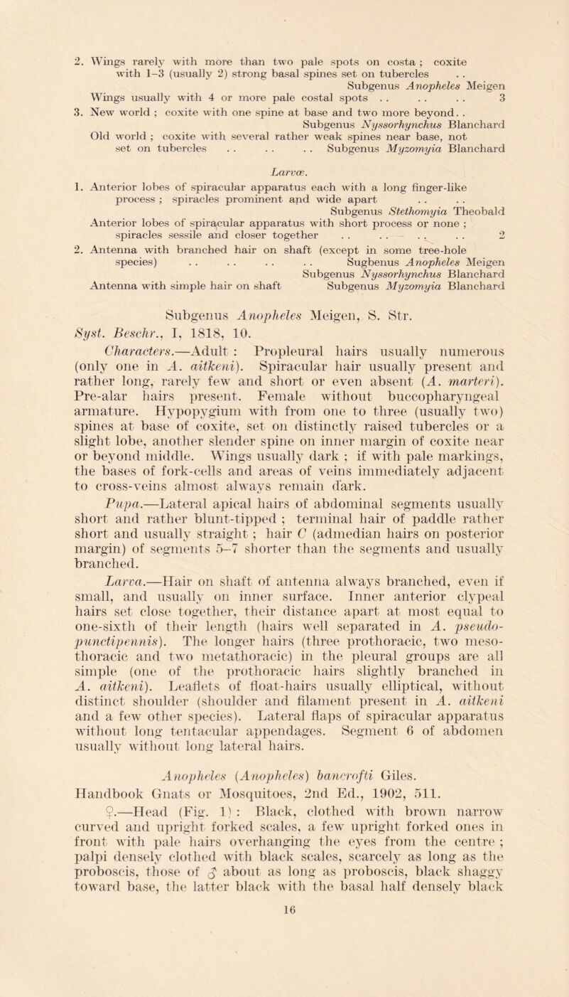 2. Wings rarely with more than two pale spots on costa ; coxite with 1-3 (usually 2) strong basal spines set on tubercles Subgenus Anopheles Meigen Wings usually with 4 or more pale costal spots . . . . . . 3 3. New world ; coxite with one spine at base and two more beyond. . Subgenus Nyssorhynchus Blanchard Old world ; coxite with several rather weak spines near base, not set on tubercles . . . . . . Subgenus Myzomyia Blanchard Larvae,. 1. Anterior lobes of spiracular apparatus each with a long finger-like process ; spiracles prominent and wide apart Subgenus Stethomyia Theobald Anterior lobes of spiracular apparatus with short process or none ; spiracles sessile and closer together . . . . . . . . 2 2. Antenna with branched hair on shaft (except in some tree-hole species) . . . . . . . . Sugbenus Anopheles Meigen Subgenus Nyssorhynchus Blanchard Antenna with simple hair on shaft Subgenus Myzomyia Blanchard Subgenus Anopheles Meigen, S. Str. Syst. Beschr., I, 1818, 10. Characters.—Adult : Propleural hairs usually numerous (only one in A. aitkeni). Spiracular hair usually present and rather long, rarely few and short or even absent (A. marten). Pre-alar hairs present. Female without buccopharyngeal armature. Hypopygium with from one to three (usually two) spines at base of coxite, set on distinctly raised tubercles or a slight lobe, another slender spine on inner margin of coxite near or beyond middle. Wings usually dark ; if with pale markings, the bases of fork-cells and areas of veins immediately adjacent to cross-veins almost always remain dark. Pupa.—Lateral apical hairs of abdominal segments usually short and rather blunt-tipped ; terminal hair of paddle rather short and usually straight ; hair C (admedian hairs on posterior margin) of segments 5-7 shorter than the segments and usually branched. Larva.—Hair on shaft of antenna always branched, even if small, and usually on inner surface. Inner anterior clypeal hairs set close together, their distance apart at most equal to one-sixth of their length (hairs well separated in A. pseudo- punctipennis). The longer hairs (three prothoracic, two meso- thoracic and two metathoracic) in the pleural groups are all simple (one of the prothoracic hairs slightly branched in A. aitkeni). Leaflets of float-hairs usually elliptical, without distinct shoulder (shoulder and filament present in A. aitkeni and a few other species). Lateral flaps of spiracular apparatus without long tentacular appendages. Segment 6 of abdomen usually without long lateral hairs. Anopheles (Anopheles) banorofti Giles. Handbook Gnats or Mosquitoes, 2nd Ed., 1902, 511. 9.—Head (Fig. 1) : Black, clothed with brown narrow curved and upright forked scales, a few upright forked ones in front with pale hairs overhanging the eyes from the centre ; palpi densely clothed with black scales, scarcely as long as the proboscis, those of A about as long as proboscis, black shaggy toward base, the latter black with the basal half densely black