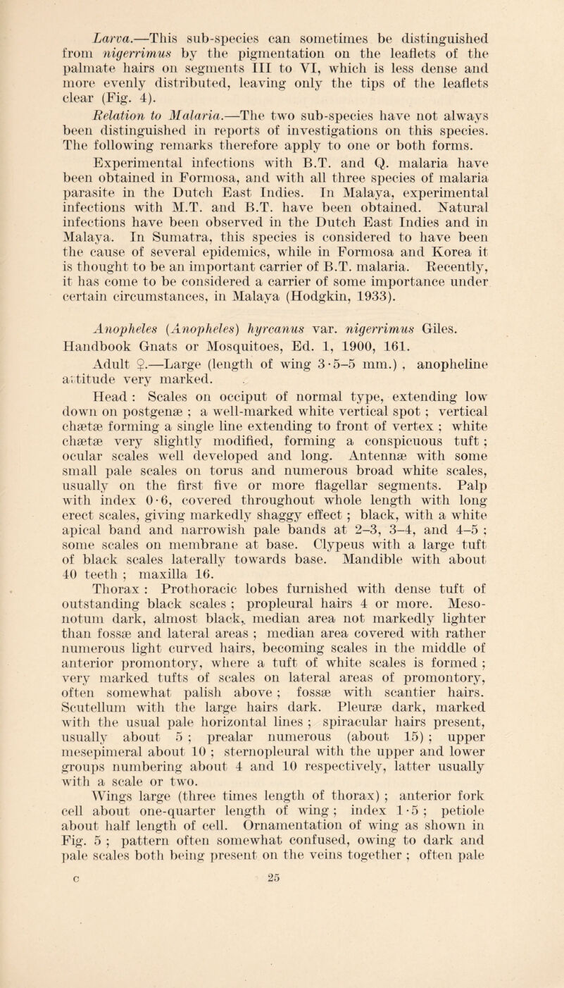 Larva.—This sub-species can sometimes be distinguished from nigerrimus by the pigmentation on the leaflets of the palmate hairs on segments III to VI, which is less dense and more evenly distributed, leaving only the tips of the leaflets clear (Fig. 4). Relation to Malaria.—The two sub-species have not always been distinguished in reports of investigations on this species. The following remarks therefore apply to one or both forms. Experimental infections with B.T. and Q. malaria have been obtained in Formosa, and with all three species of malaria parasite in the Dutch East Indies. In Malaya, experimental infections with M.T. and B.T. have been obtained. Natural infections have been observed in the Dutch East Indies and in Malaya. In Sumatra, this species is considered to have been the cause of several epidemics, while in Formosa and Korea it is thought to be an important carrier of B.T. malaria. Recently, it has come to be considered a carrier of some importance under certain circumstances, in Malaya (Hodgkin, 1933). Anopheles (Anopheles) hyrcanus var. nigerrimus Giles. Handbook Gnats or Mosquitoes, Ed. 1, 1900, 161. Adult $.—Large (length of wing 3*5-5 mm.) , anopheline altitude verv marked. Head : Scales on occiput of normal type, extending low down on postgense ; a well-marked white vertical spot ; vertical chsetse forming a single line extending to front of vertex ; white chsetse very slightly modified, forming a conspicuous tuft ; ocular scales well developed and long. Antennse with some small pale scales on torus and numerous broad white scales, usually on the first five or more flagellar segments. Palp with index 0*6, covered throughout whole length with long erect scales, giving markedly shaggy effect ; black, with a white apical band and narrowish pale bands at 2-3, 3-4, and 4-5 ; some scales on membrane at base. Clypeus with a large tuft of black scales laterally towards base. Mandible with about 40 teeth ; maxilla 16. Thorax : Prothoracic lobes furnished with dense tuft of outstanding black scales ; propleural hairs 4 or more. Meso- notum dark, almost black,, median area not markedly lighter than fossae and lateral areas ; median area covered with rather numerous light curved hairs, becoming scales in the middle of anterior promontory, where a tuft of white scales is formed ; very marked tufts of scales on lateral areas of promontory, often somewhat palish above; fossae with scantier hairs. Scutellum with the large hairs dark. Pleurae dark, marked with the usual pale horizontal lines ; spiracular hairs present, usually about 5 ; prealar numerous (about 15) ; upper mesepimeral about 10 ; sternopleural with the upper and lower groups numbering about 4 and 10 respectively, latter usually with a scale or two. Wings large (three times length of thorax) ; anterior fork cell about one-quarter length of wing; index 1*5; petiole about half length of cell. Ornamentation of wing as shown in Fig. 5 ; pattern often somewhat confused, owing to dark and pale scales both being present on the veins together ; often pale